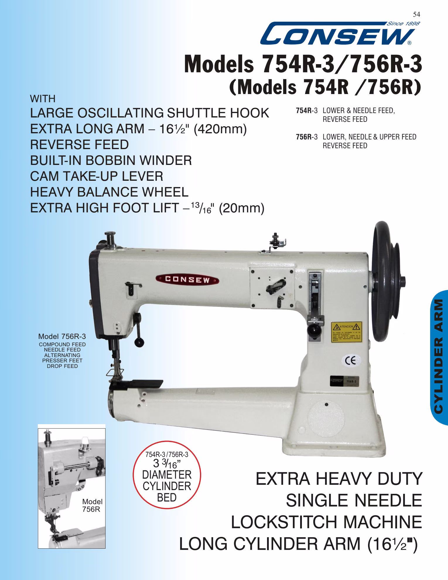 Consew 754R-3 Extra Heavy Duty Single Needle Lockstitch Sewing Machine with Long Cylinder Arm and Walking Foot with Table and Servo Motor Brochure Page 1