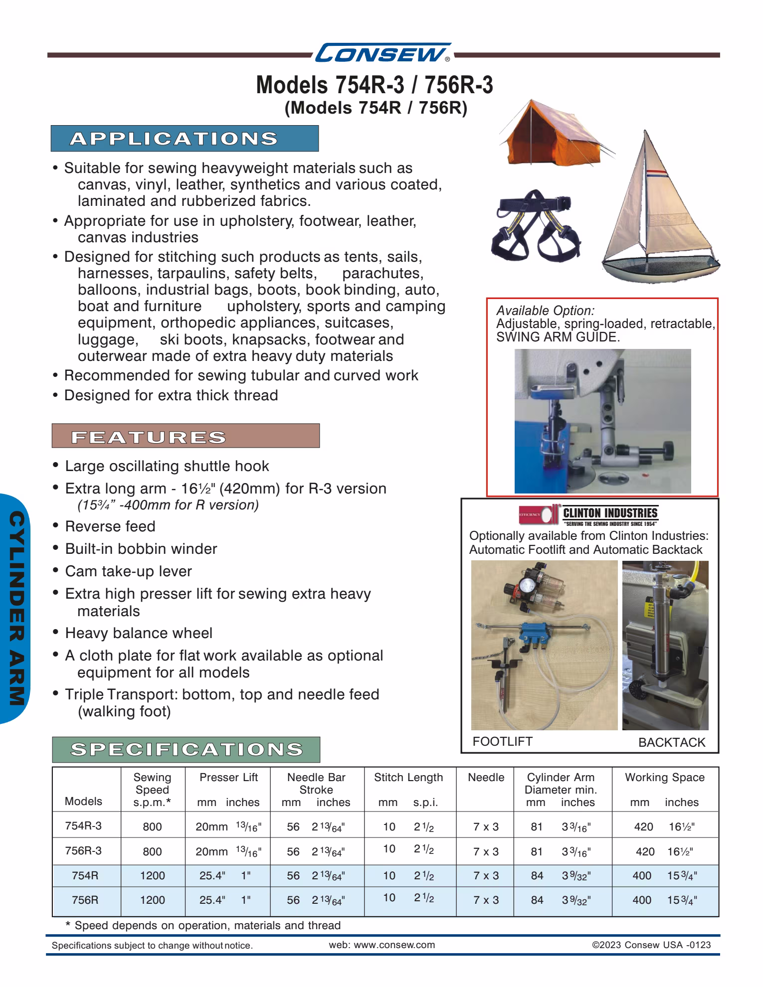 Consew 754R-3 Extra Heavy Duty Single Needle Lockstitch Sewing Machine with Long Cylinder Arm and Walking Foot with Table and Servo Motor Brochure Page 2