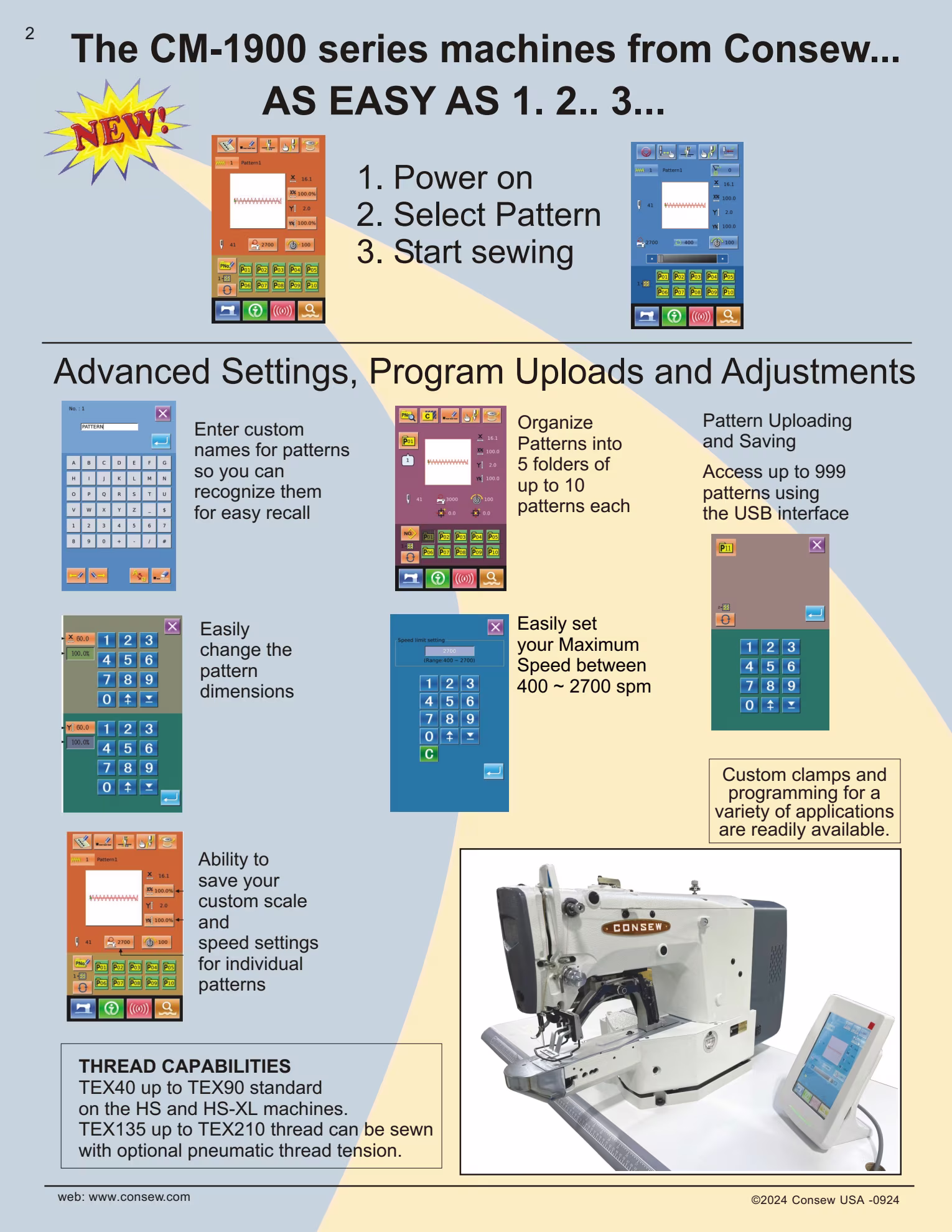 Consew CM-1900HS Single Needle Direct Drive Bartacking Machine with Complete Tabling Brochure Page 2