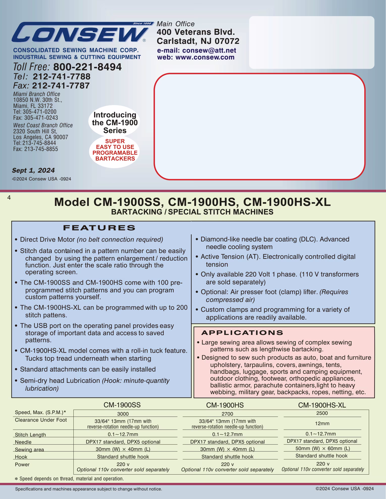 Consew CM-1900HS Single Needle Direct Drive Bartacking Machine with Complete Tabling Brochure Page 4