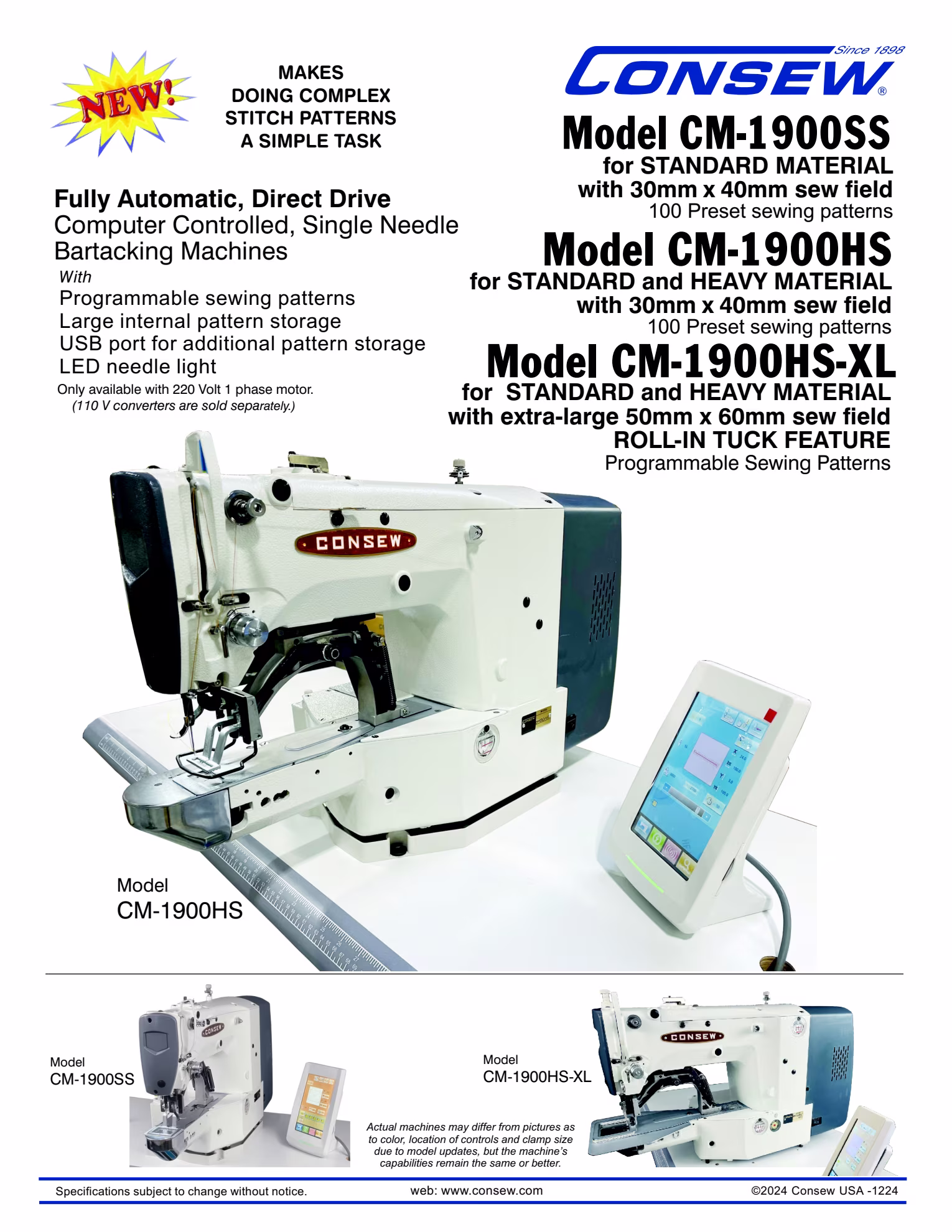 Consew CM-1900HS-XL Single Needle Direct Drive Computer-Controlled Bar Tacking Machine with Complete Tabling Brochure Page 1