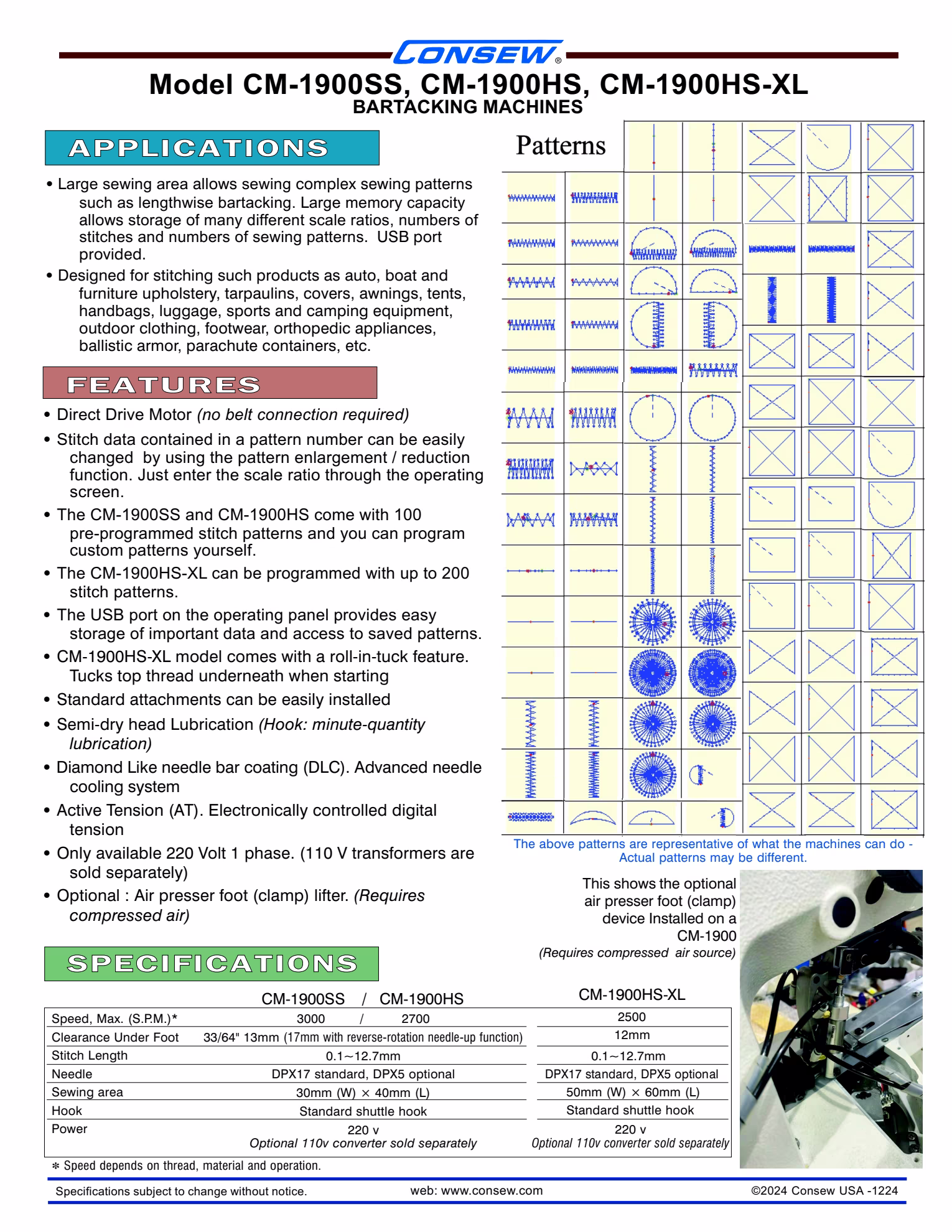 Consew CM-1900HS-XL Single Needle Direct Drive Computer-Controlled Bar Tacking Machine with Complete Tabling Brochure Page 2