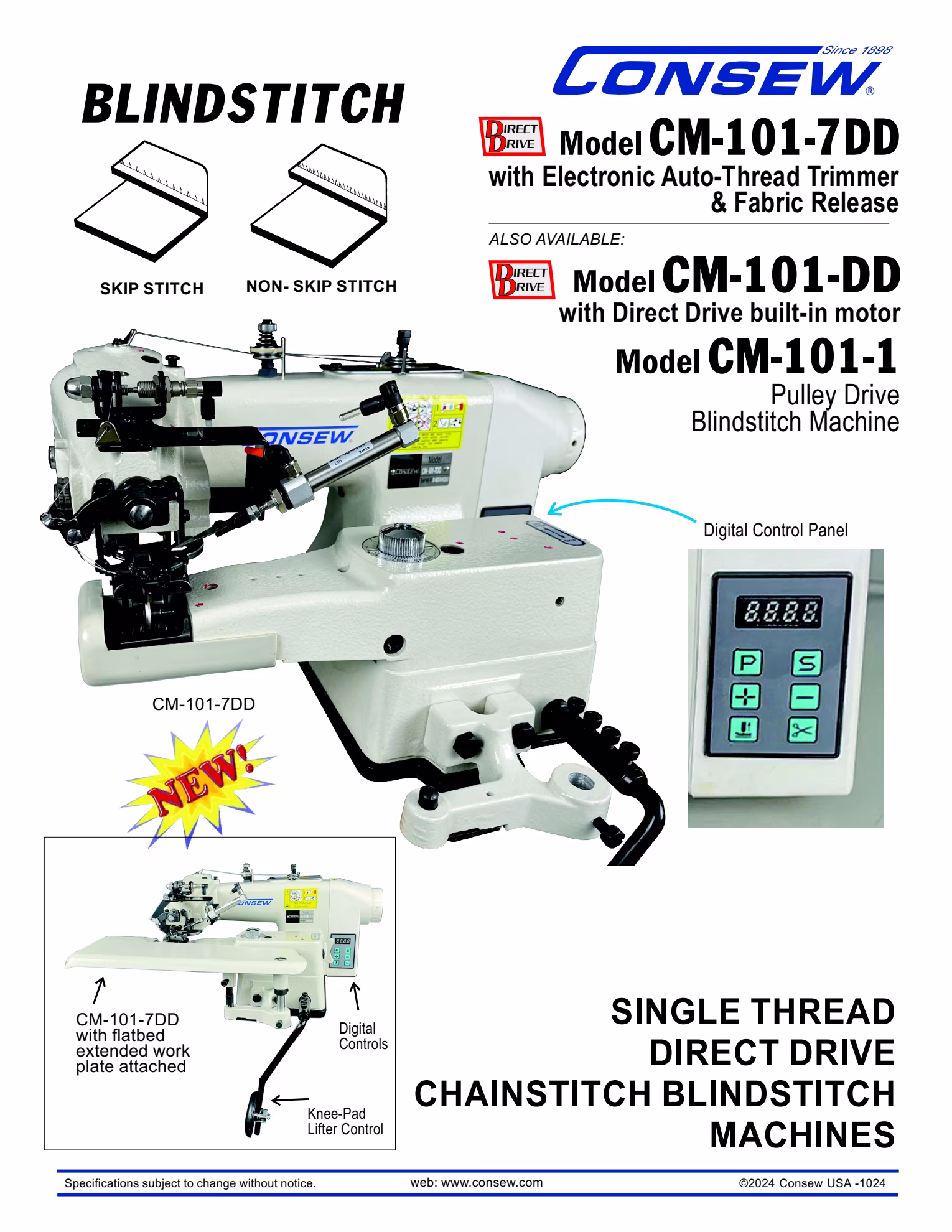 Consew CM101-7DD Single Thread Chainstitch Blindstitch Machine Direct Drive with Complete Tabling Brochure Page 1
