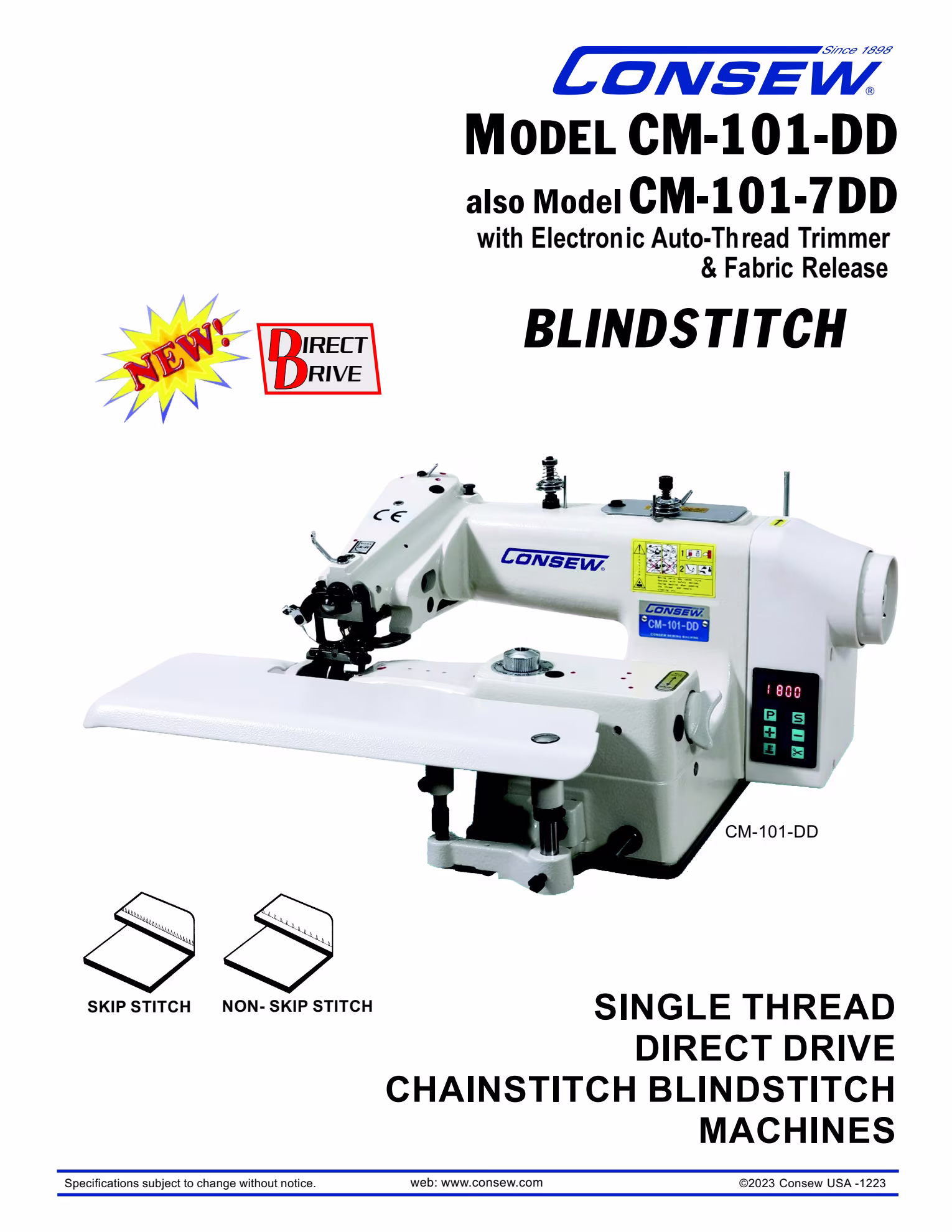 Consew CM101-DD Single Thread Chainstitch Blindstitch Sewing Machine with Complete Tabling Brochure Page 1