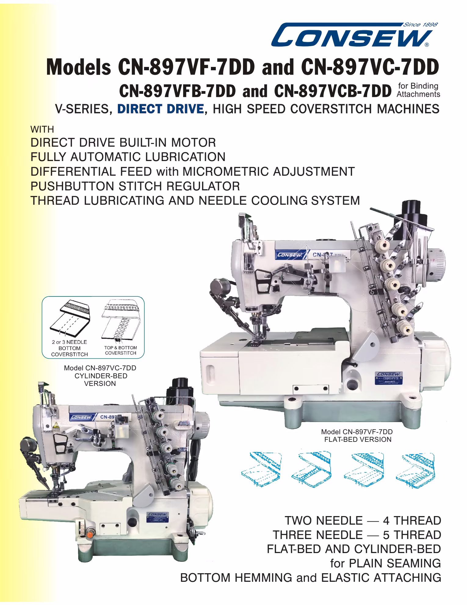 Consew CN897VF-7DD High-Speed Flat-Bed Coverstitch Machine with Complete Tabling Brochure Page 1