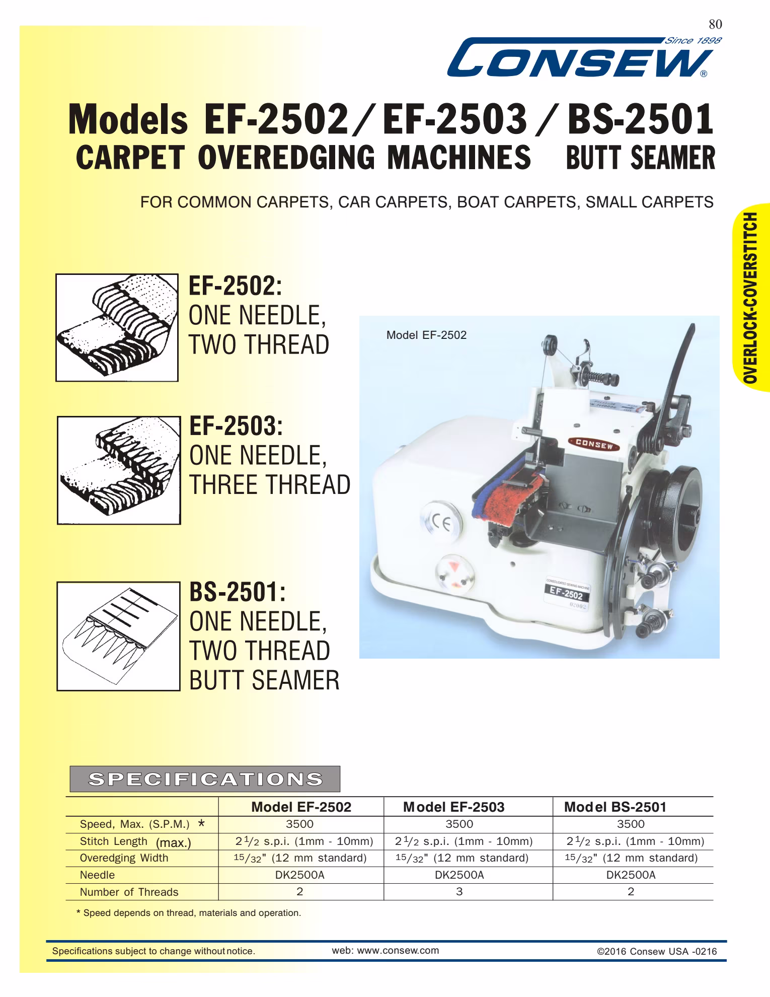 Consew EF-2502 Single Needle Two Thread Carpet Overedging Machine with Table and Servo Motor Brochure Page 1