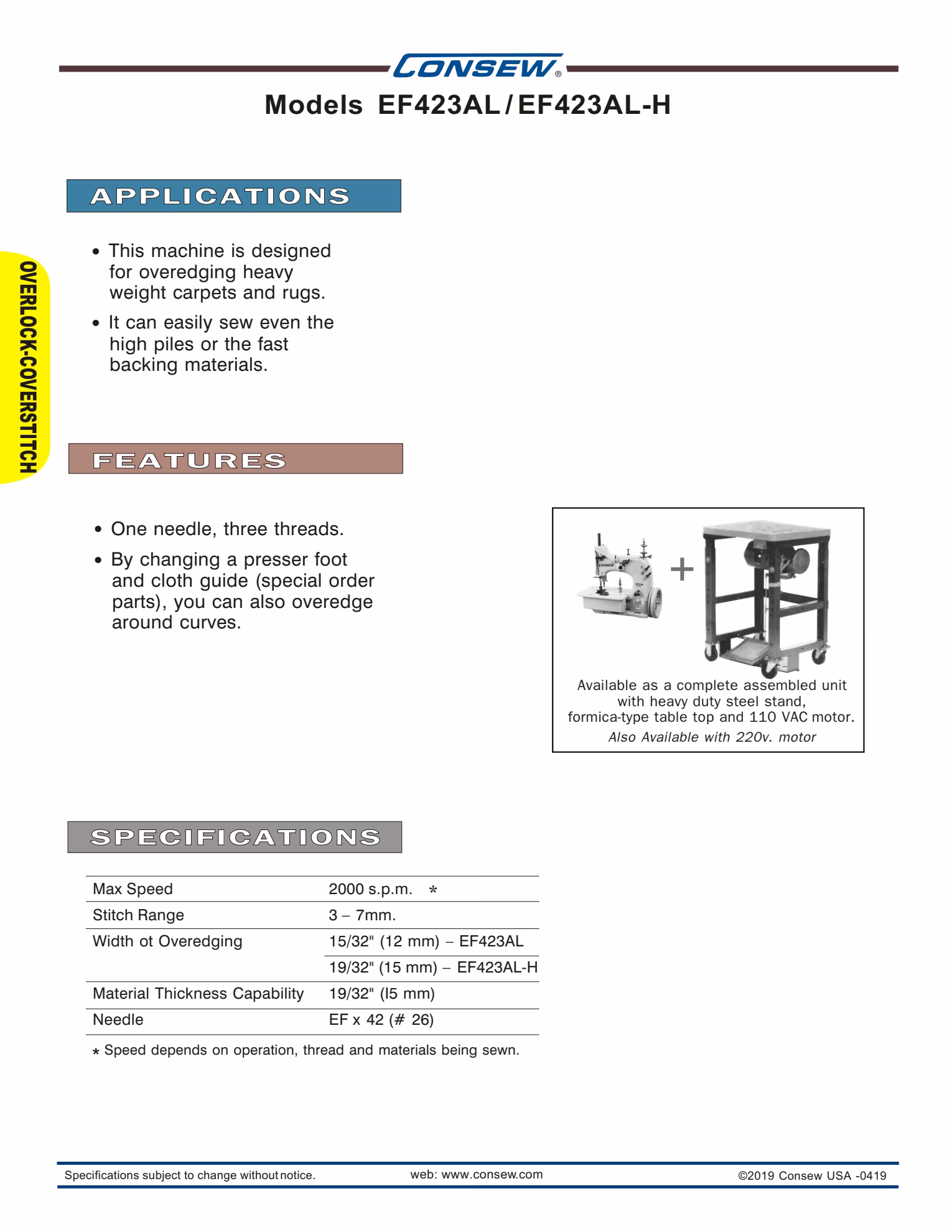 Consew EF423AL-H Single Needle Heavy Duty Overedging Machine with Table and Servo Motor Brochure Page 2