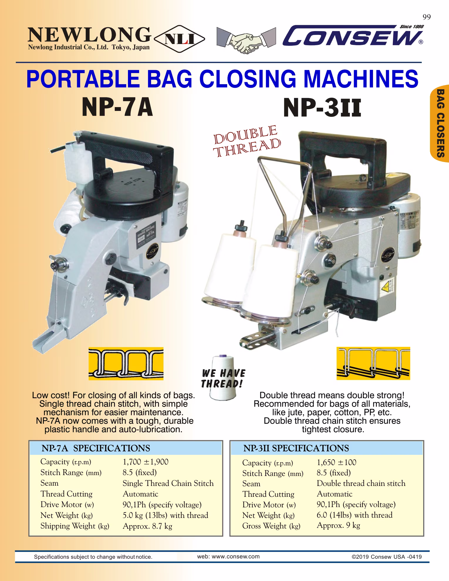Consew NP7A Single Thread Chain Stitch Bag Closing Machine with Table and Servo Motor Brochure Page 1