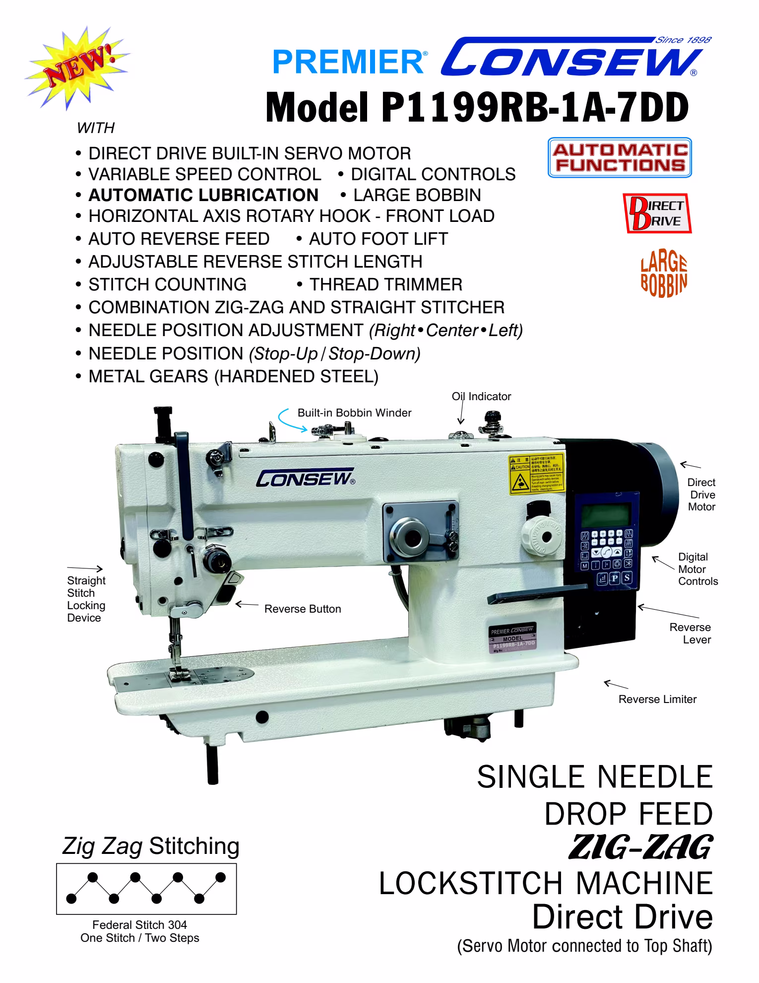 Consew P1199RB-1A-7DD Single Needle Direct Drive Zig-Zag Lockstitch Industrial Sewing Machine with Complete Tabling Brochure Page 1