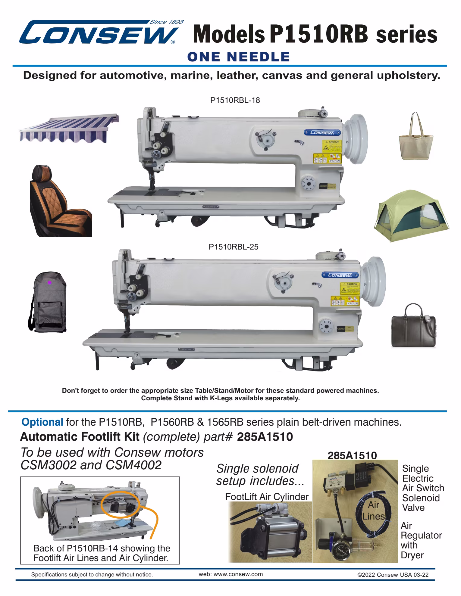 Consew P1510RBL-18-(N) Single Needle Walking Foot Sewing Machine with Air Footlift and Table and Servo Motor Brochure Page 2