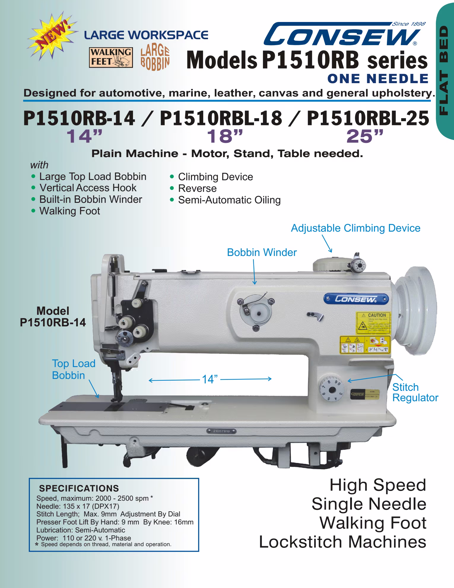 Consew P1510RBL-18 Single Needle Walking Foot Lockstitch Sewing Machine with Table and Servo Motor Brochure Page 1
