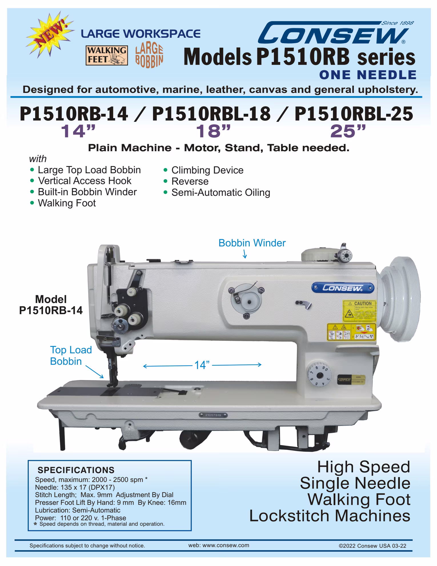 Consew P1510RBL-25-(N) Single Needle Long Arm Walking Foot Sewing Machine with Table and Servo Motor Brochure Page 1
