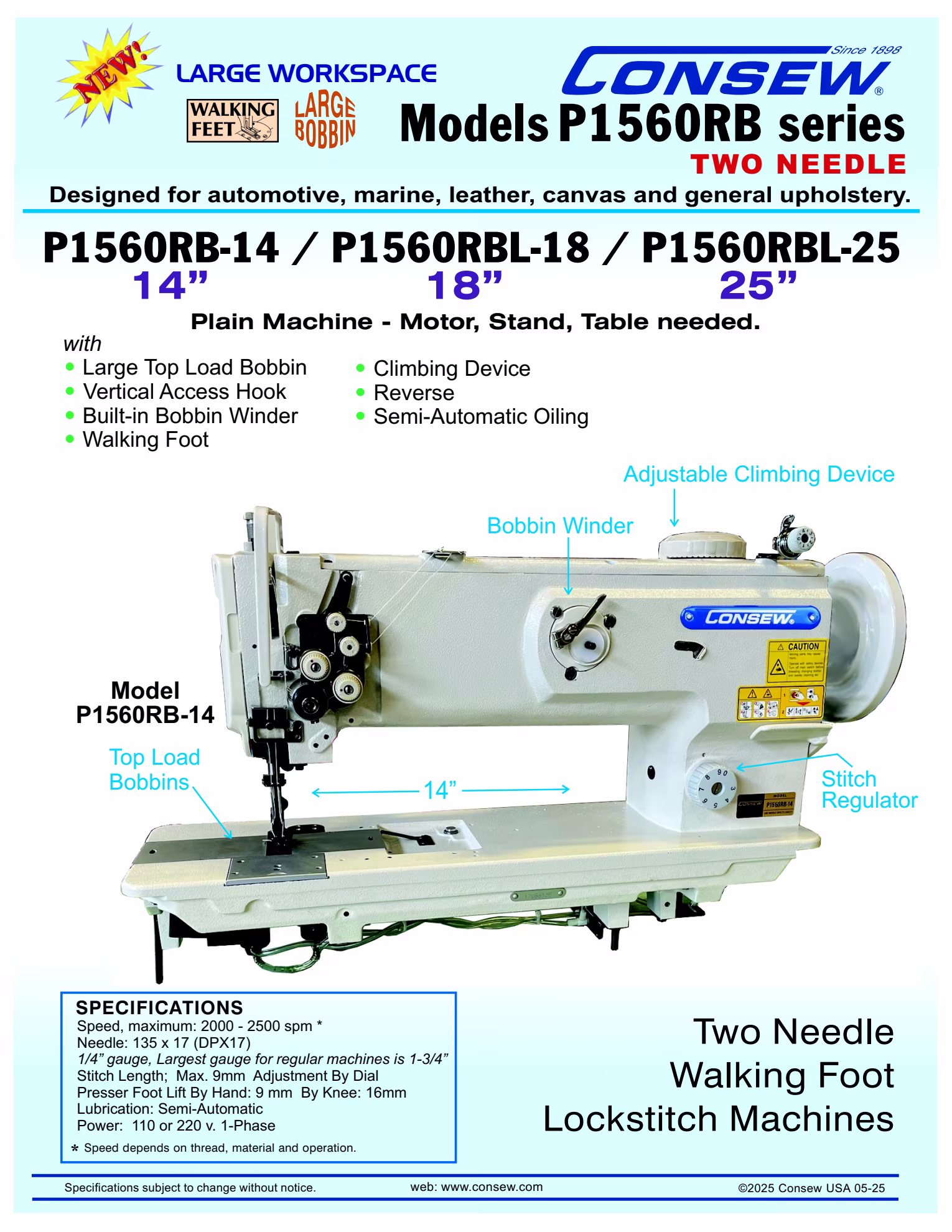 Consew P1560RBL-25 Double Needle Walking Foot Lockstitch Sewing Machine with Table and Servo Motor Brochure Page 1
