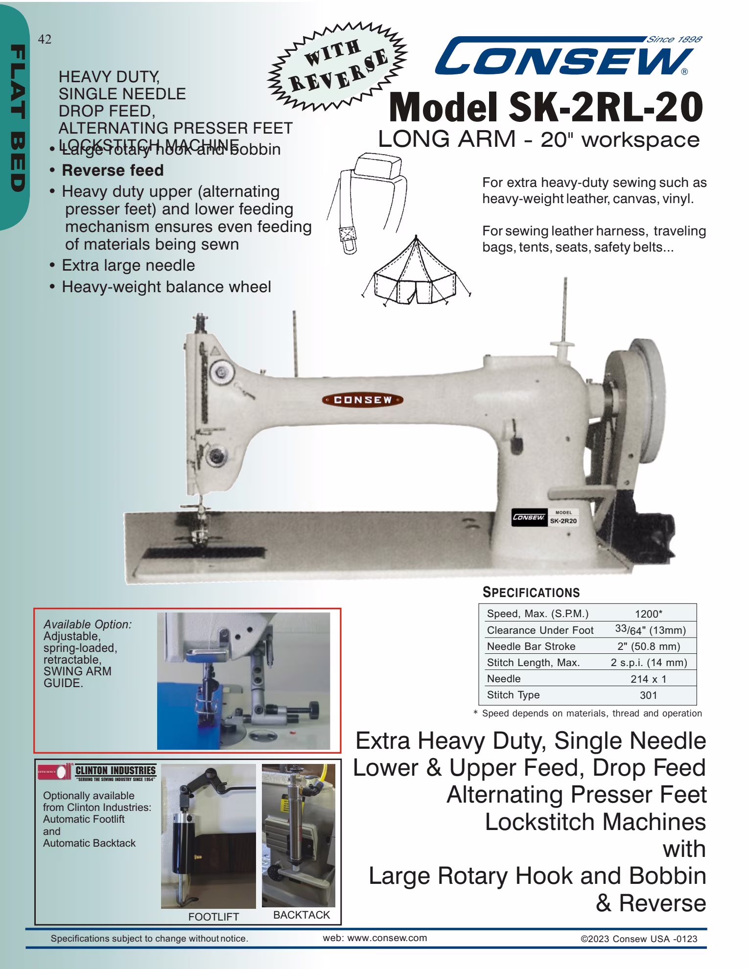 Consew SK-2R Single Needle Extra Heavy Duty Lockstitch Sewing Machine with Table and Servo Motor Brochure Page 2