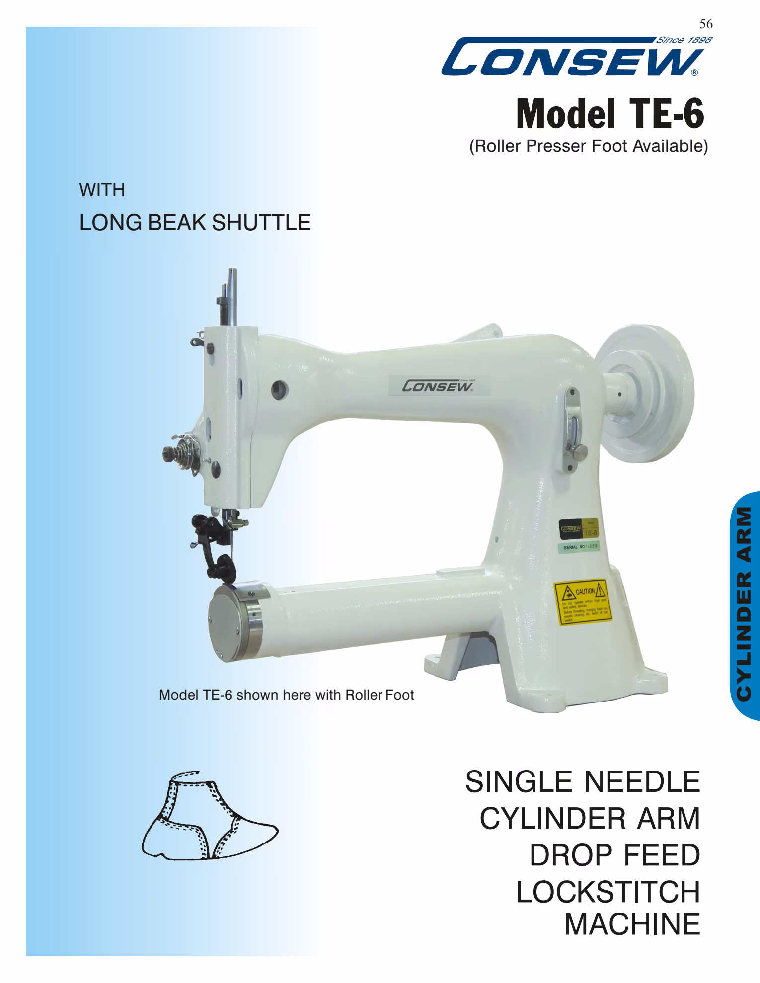 Consew TE-6 Single Needle Cylinder Arm Lockstitch Sewing Machine with Table and Servo Motor Brochure Page 1
