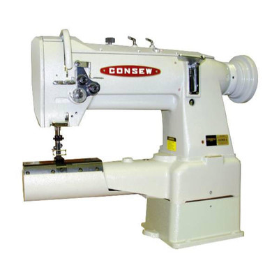  Consew 384RB-2 Heavy Duty Double Needle Cylinder Arm Needle Feed Sewing Machine with Table and Servo Motor 