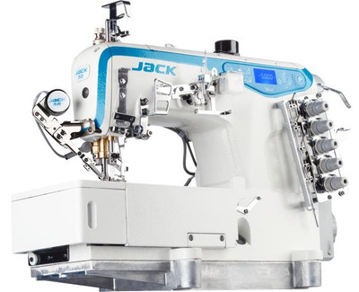  Jack W4S Direct Drive 3 Needle Flatbed Coverstitch Industrial Sewing Machine Complete Unit with Table and Stand 