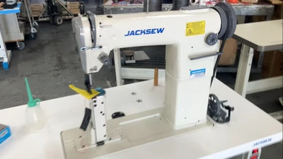  Jacksew® 228R-11-1 Single Needle Drop Feed Post Bed Sewing Machine with Table and Servo Motor 