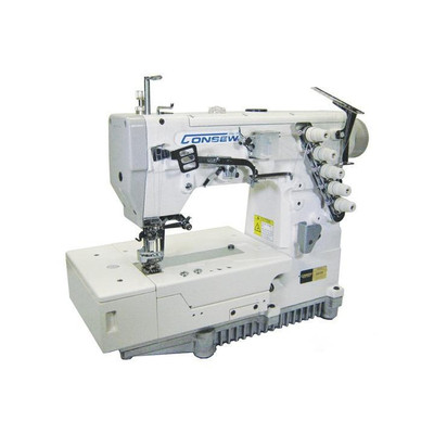  Consew 697VF Series 3 Needle Flat Bed Coverstitch Industrial Sewing Machine with Table and Servo Motor 