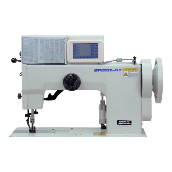  Speedway DECO-204 Double Needle Decorative Stitch Walking Foot Post Bed Industrial Sewing Machine Complete Unit with Table and Servo Motor 
