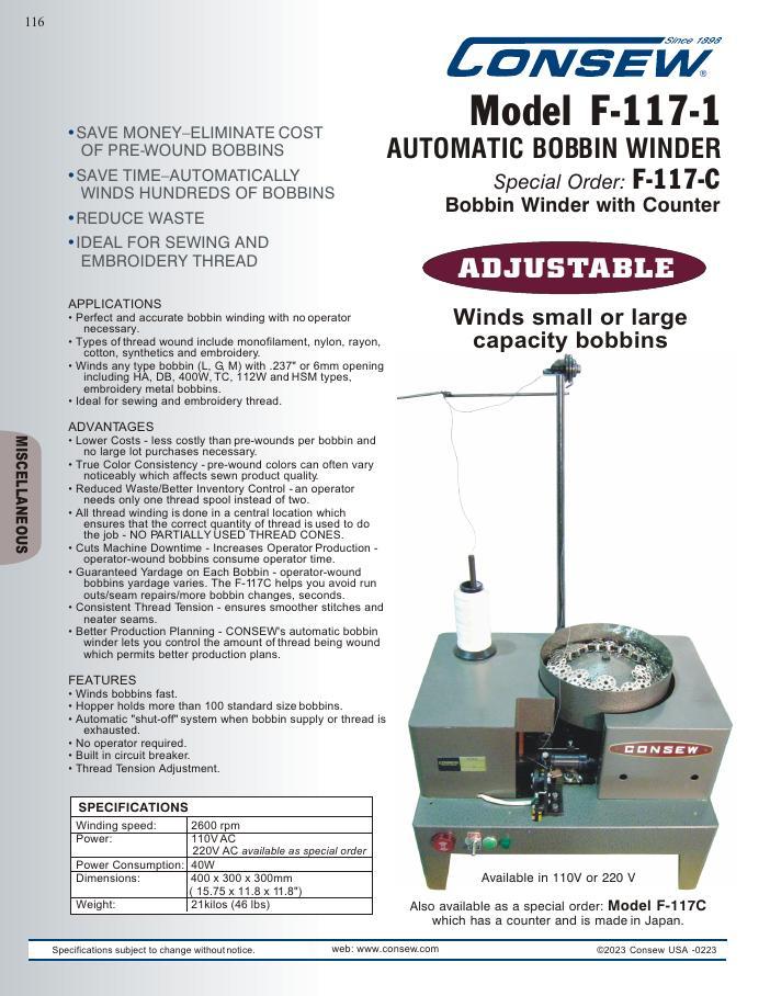 Consew F-117-1 Automatic Bobbin Winder for All Bobbins Sizes