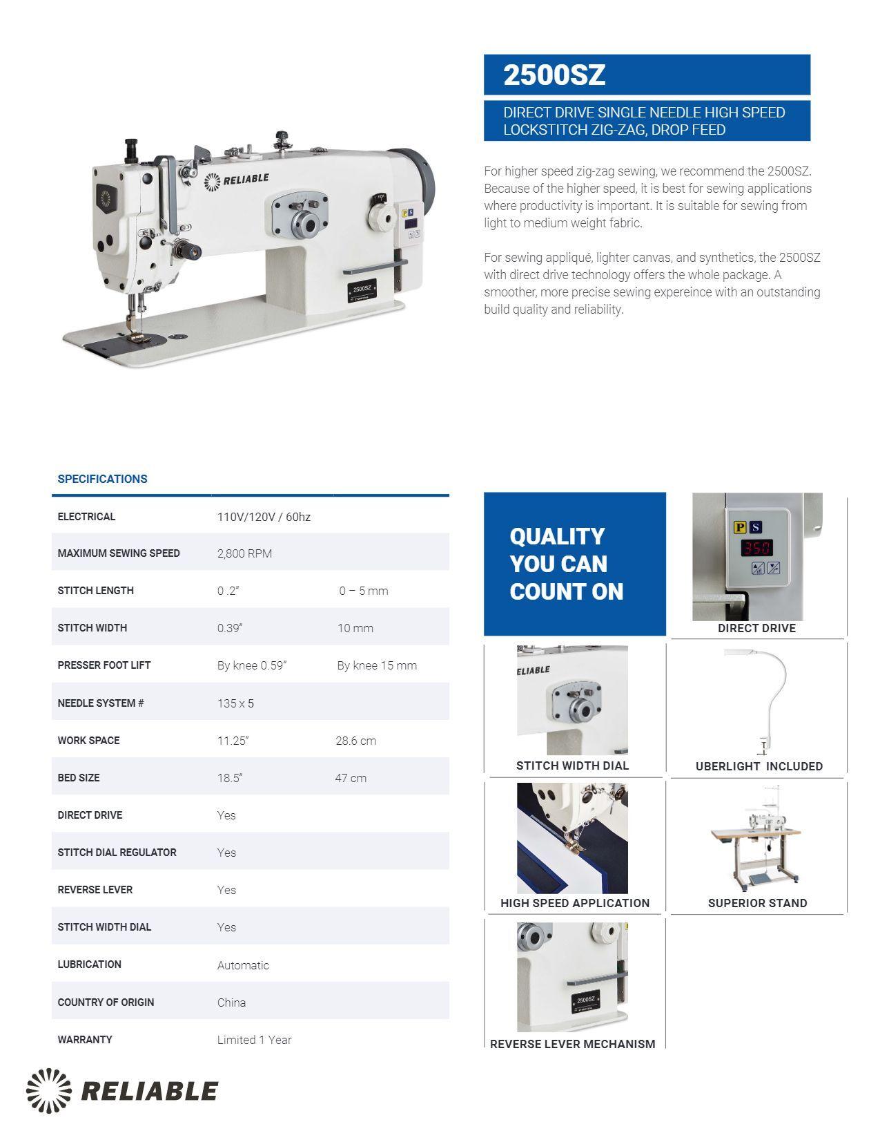 Reliable 2500SZ High Speed Zig Zag Direct Drive Lockstitch