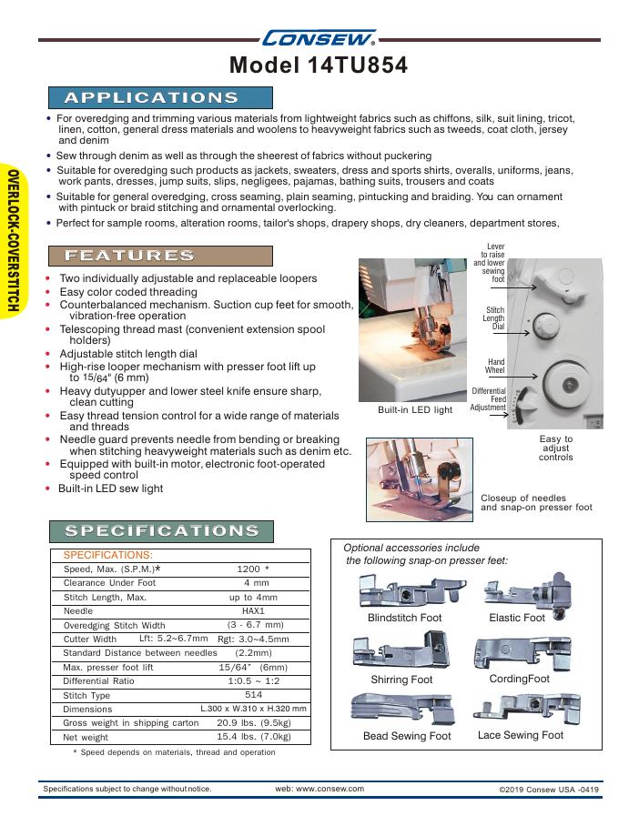 Consew 14TU854 Series Brochure