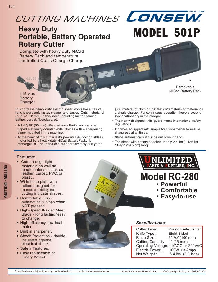 Consew 501P Battery Operated Cordless Rotary Cutting Machine / Fabric Cutter