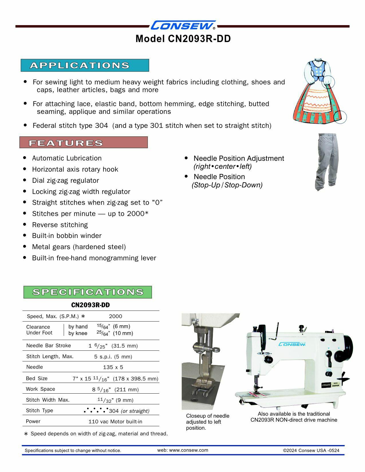 Consew CN2093R-DD Single Needle Drop Feed Zig-Zag Sewing Machine