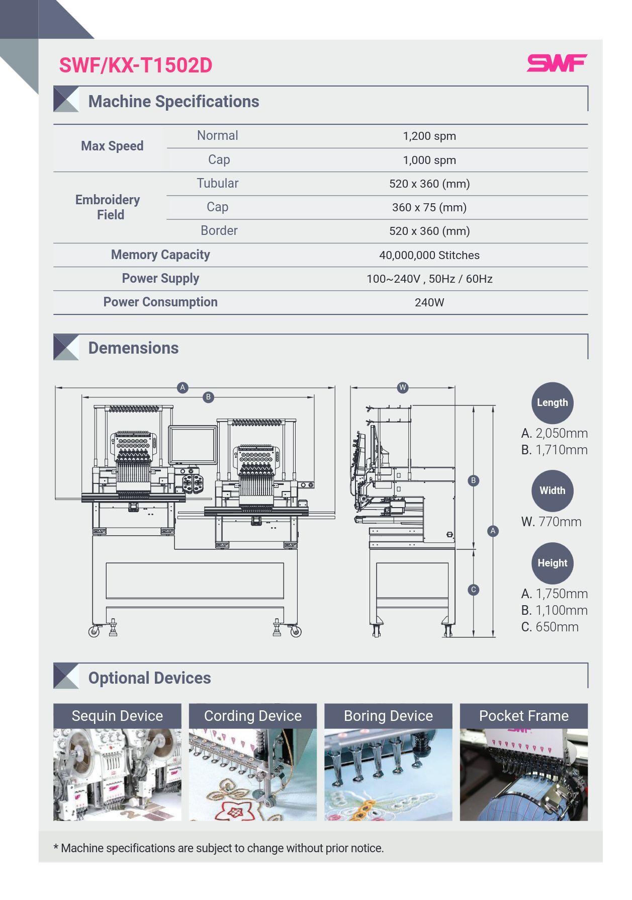 SWF KX-T1502D Dual Head 15-Needle Commercial Embroidery Machine Brochure page 4