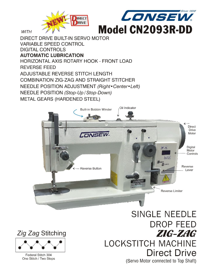 Consew CN2093R-DD Single Needle Drop Feed Zig-Zag Sewing Machine with Complete Tabling