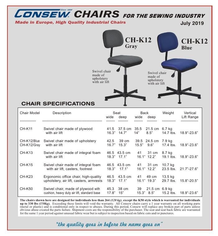 Consew Adjustable Height Swiveling Task Chairs Made in Europe Brochure