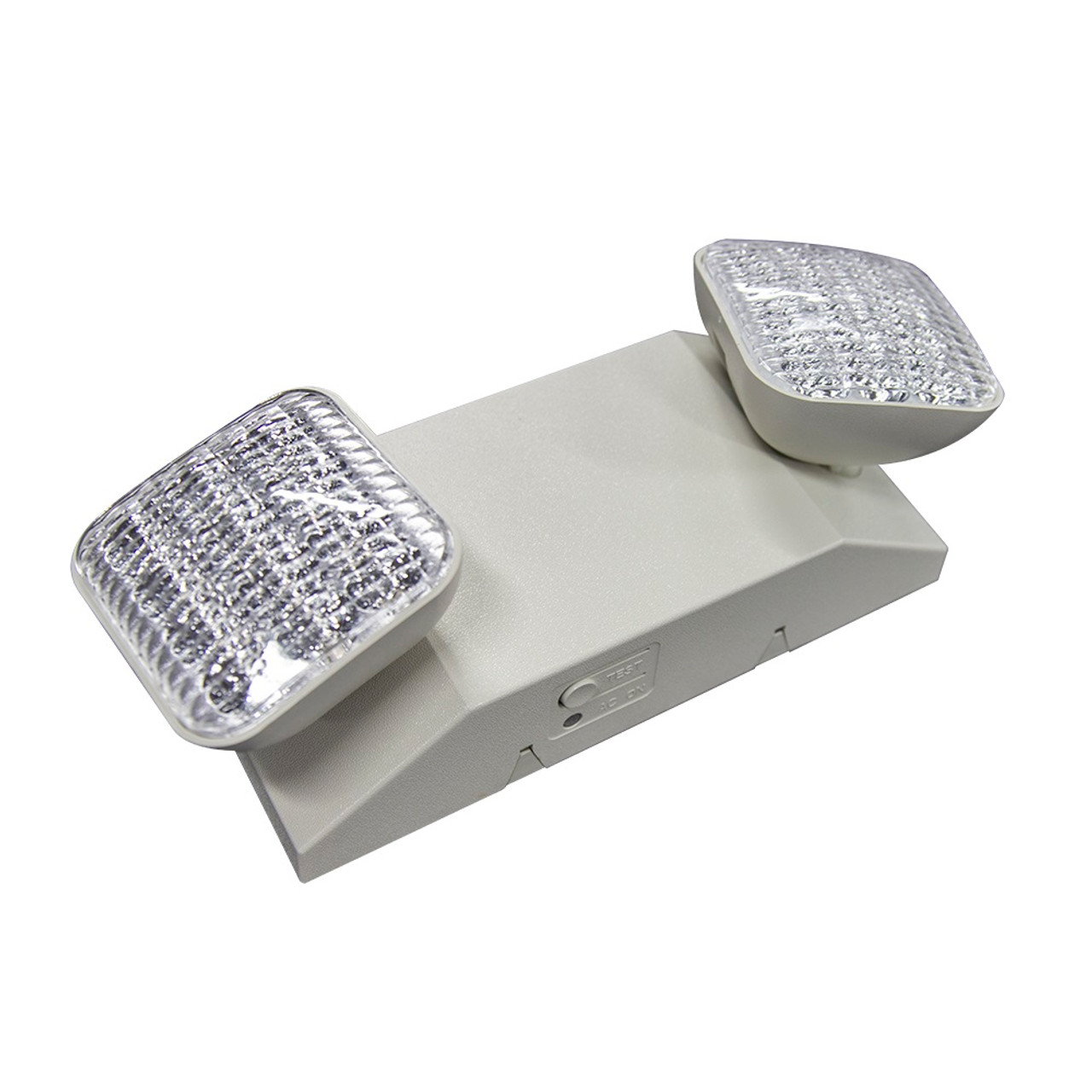 Long lasting, efficient, ultra bright white LED lamp heads.
1 watt (8 LEDs x 0.125) per head.
High performance chrome-plated metallized reflector and plastic lens for optimal light distribution.
Adjustable LED lamp heads provides optimal center-to-center spacing.
Dual 120/277 voltage standard.
Charge rate/power “ON” LED indicator light and push-to-test switch for mandated code compliance testing.
3.6V long life, maintenance-free, rechargeable NiCd battery.
Remote capacity of 3W standard.
Internal solid-state transfer switch automatically connects the internal battery to LED board for minimum 90-minute emergency illumination.
Fully automatic solid-state, two rate charger initiates battery charging to recharge a discharged battery in 24 hours.
Universal knockout pattern on back plate for surface mount. Snaps into place making internal electrical connections.
Suitable for wall or ceiling mount.
Knockout for conduit applications.