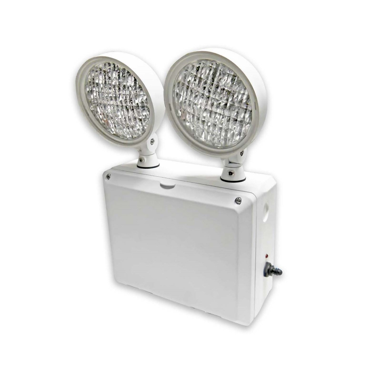 Sealed and gasketed weather proof lamp heads with high performance chrome-plated metallized reflector and
tempered glass lenses for optimal light distribution.
Long lasting efficient ultra bright white LED lamp heads.
1.875 watt (15 LEDs x 0.125) per head.
Dual 120/277 voltage.
Charge rate/power “ON” LED indicator light and push-to-test switch for mandated code compliance testing.
9.6V long life, maintenance-free, rechargeable NiCd battery.
Remote capacity of 3.7 watt standard in operating temperatures of 0° C – 50° C.
Internal solid-state transfer switch automatically connects the internal battery to LED board for minimum 90-minute emergency illumination.
Fully automatic solid-state, two rate charger initiates battery charging to recharge a discharged battery in 24 hours.
External mounting brackets for simplified surface mounting.
Knockout for conduit applications.