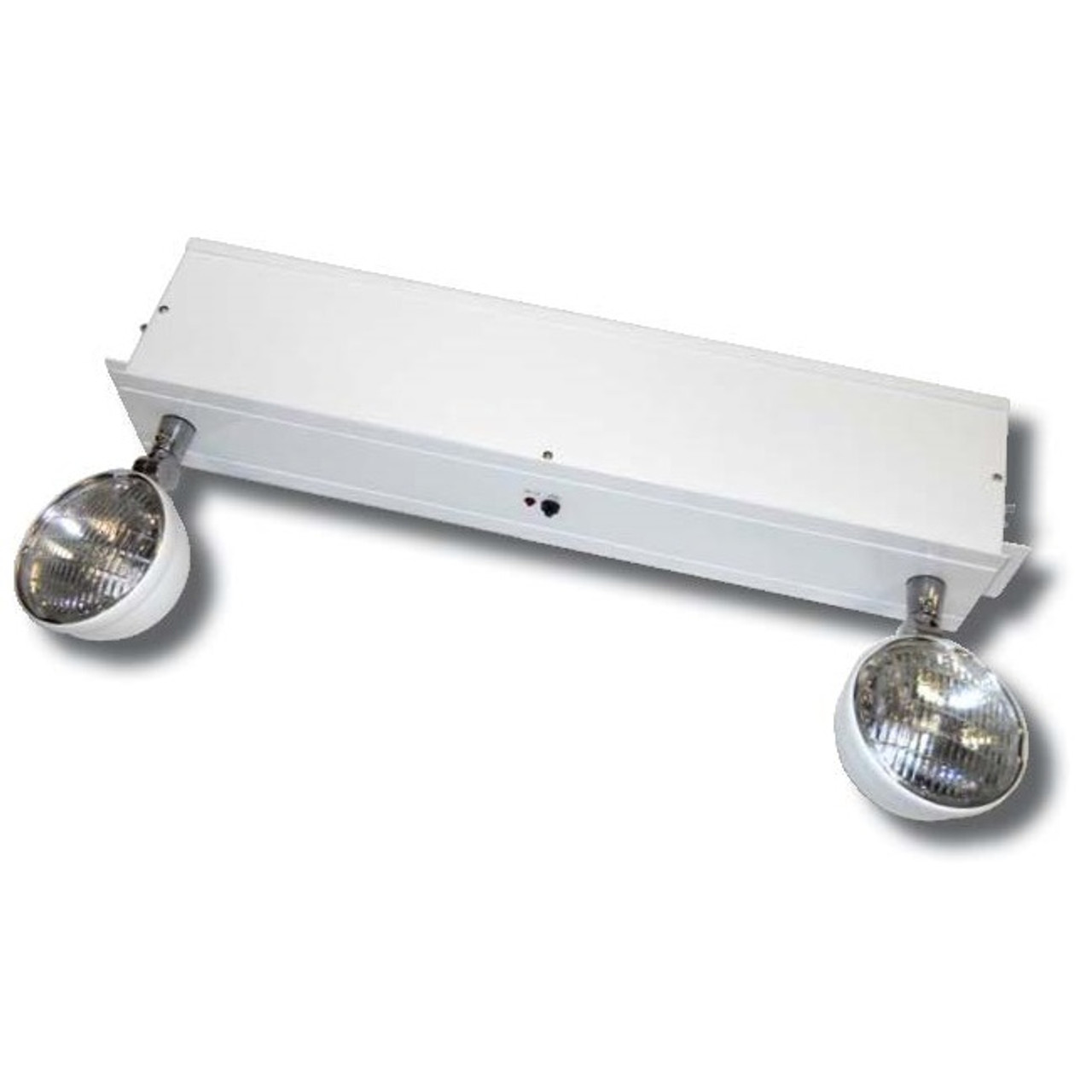 Two, 6V/12V 12.0 watt adjustable bi-pin halogen lamp heads.
Long lasting, efficient, wedge base incandescent or bi-pin halogen lamps.
High performance chrome-plated metallized reflector and glass lens for optimal light distribution
Adjustable 6V or 12V lamp heads provide optimal center-to-center spacing.
Dual 120/277 voltage standard.
Charge rate/power “ON” LED indicator light and push-to-test switch for mandated code compliance testing.
LVD (low voltage disconnect) prevents battery from deep discharge.
6V sealed lead acid, maintenance-free, rechargeable battery.
Remote capacity of 26.0 watt standard on 50.0 watt models.
Internal solid-state transfer switch automatically connects the internal battery to LED board for minimum 90-minute emergency illumination.
Fully automatic solid-state, two rate charger initiates battery charging to recharge a discharged battery in 24 hours.
Designed for use with T-bar grid ceilings.
Holes provided on enclosure for wire-suspension mount.