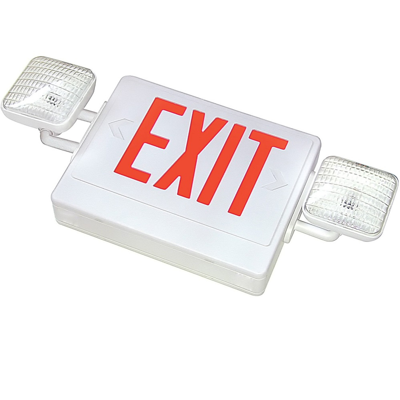 Two fully adjustable 5.4W, glare-free lamp heads.
Smooth thermoplastic reflector and plastic lens for optimal light distribution.
Ultra bright, energy efficient, long life Red or Green LED EXIT sign illumination.
Dual 120V/277 voltage.
Charge rate/power “ON” LED indicator light and push-to-test switch for mandated code compliance testing.
LVD (low voltage disconnect) prevents battery from deep discharge.
6V maintenance-free, rechargeable sealed lead acid battery.
Internal solid-state transfer switch automatically connects the internal battery to LED board and LED lamp heads for minimum 90-minute emergency illumination.
Fully automatic solid-state, two rate charger initiates battery charging to recharge a discharged battery in 24 hours.
EZ-snap mounting canopy included for top or end mount.
Universal knockout pattern on back plate for wall mount.