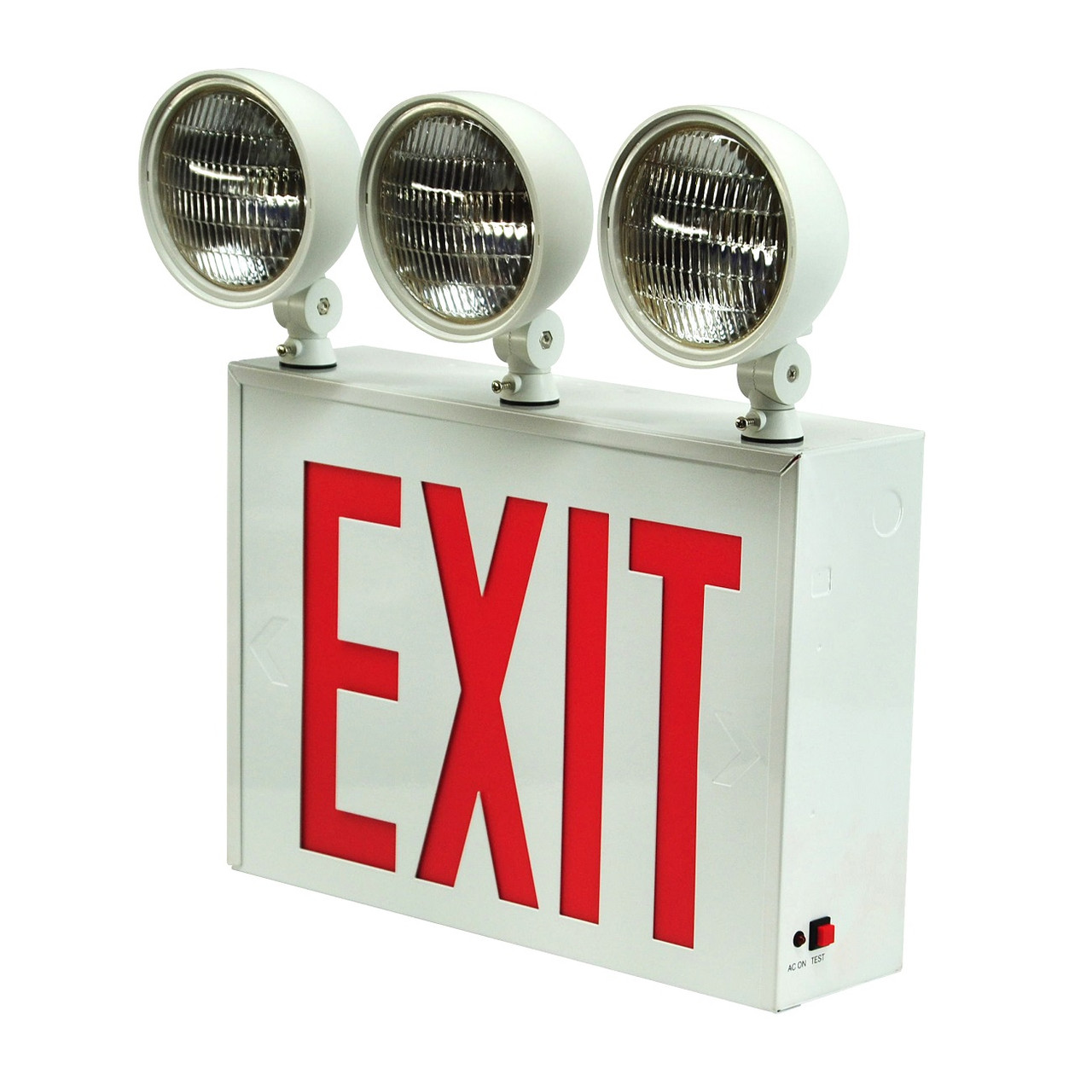 Two fully adjustable 12W, glare-free lamp heads with field installable 3rd emergency lighting head included.
Knockouts provided on sides of unit to relocate lamp heads.
High performance smooth metal reflector and glass lens for optimal light distribution.
Ultra bright, energy efficient, long life Red LED exit sign illumination.
New York City compliant 8" EXIT letters.
Dual 120V/277 voltage.
Charge rate/power “ON” LED indicator light and push-to-test switch for mandated code compliance testing.
LVD (low voltage disconnect) prevents battery from deep discharge.
6V maintenance-free, rechargeable sealed lead acid battery.
Internal solid-state transfer switch automatically connects the internal battery to LED board and LED lamp heads for minimum 90-minute emergency illumination.
Fully automatic solid-state, two rate charger initiates battery charging to recharge a discharged battery in 24 hours.
Mounting hardware provided for back surface wall mount.
Knockouts provided for conduit feed applications.