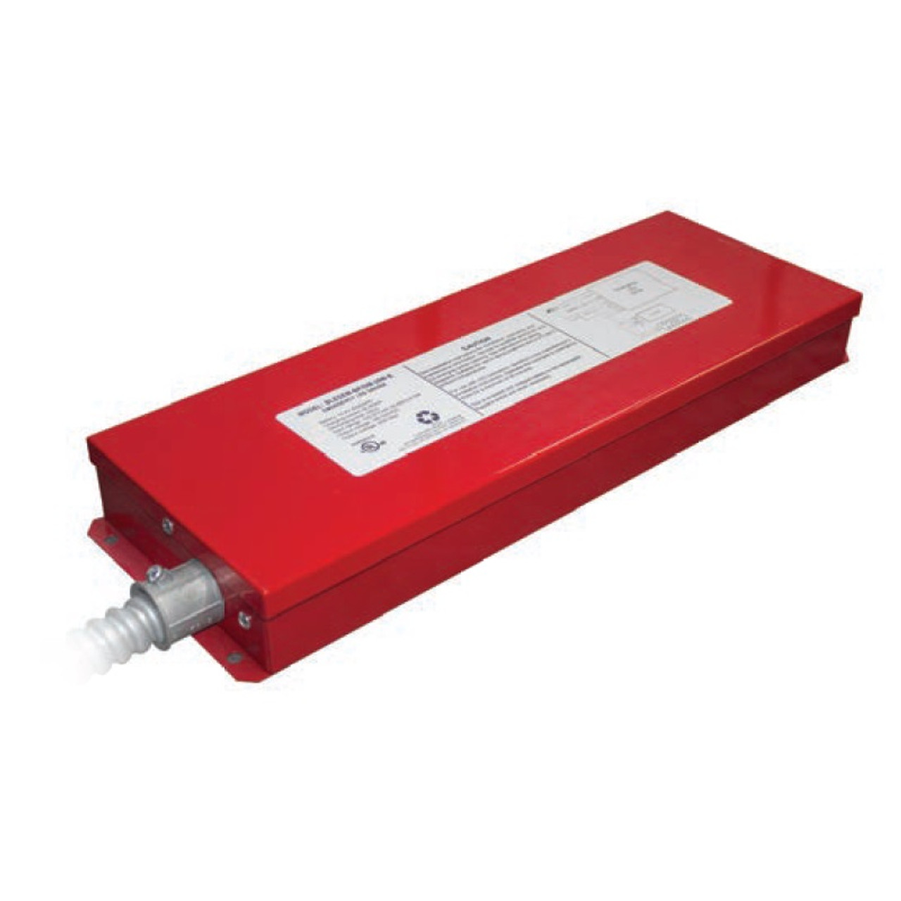 Provides 180-320VDC (equals to 120-230VAC) the load during emergency mode operation.
For use with switched or unswitched fixtures.
Can be used with LED lamp loads of up to 20W and provide 100% lumen output.
Universal 120-277V, 50/60 Hz input.
Charge/Power "ON" LED indicator light and push-to-test switch for mandated code compliance testing.
Long-life, maintenance free, rechargeable NiCad battery.
Output short/overcurrent protection: Electronic limiting, with normal operation resuming upon removal of fault.
90 Minute minimum emergency operating time over full temperature range.
24 Hour maximum battery recharge time.
Durable painted steel construction in red finish.
Provided with 2" flex conduits.