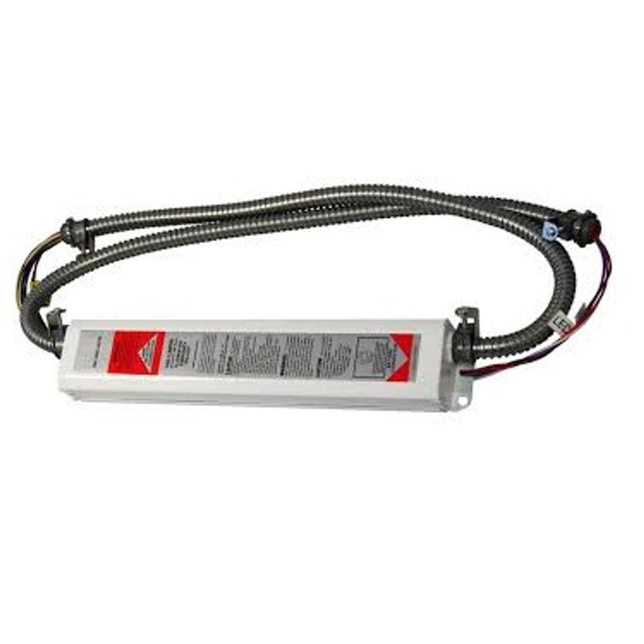 Works with or without an AC ballast to convert new or existing fluorescent fixtures in to unobtrusive emergency lighting.
Operates one or two lamps in the emergency mode for a minimum of 90-minutes.
Provides a maximum initial lumen output of 1400 lumens.
Dual 120/277 voltage.
Charge rate/power “ON” LED indicator light and push-to-test switch for mandated code compliance testing.
6.0V long life, maintenance-free, rechargeable sealed NiCd battery.
Internal solid-state transfer switch automatically connects the internal battery to fluorescent lamp for minimum
90-minute emergency illumination.
Fully automatic solid-state, two rate charger initiates battery charging to recharge a discharged battery in 24 hours.
AC output ensures compatibility with newer lamp technologies and helps prolong lamp life.
Time delay enhancement to overcome end-of-life circuit protection.
Suitable for installation inside, on top or in remote* of the fixture.
Can be used in both switched and unswitched fixtures.
UL Listed for factory or field installation.