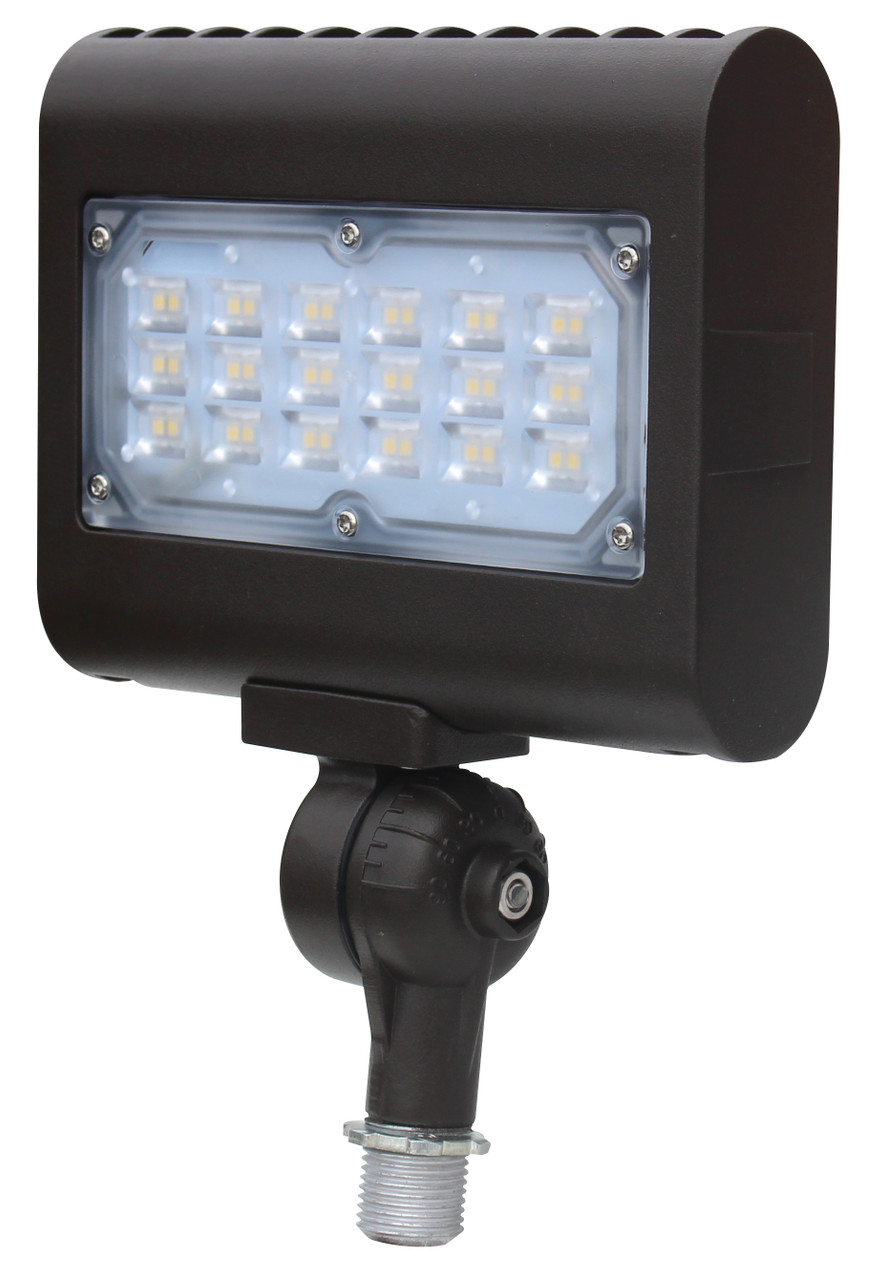 MULTI-PURPOSE LED AREA LIGHT 15 WATTS 3000K, 4000K, & 5000K - The LEDMPAL series is a group of architectural LED area luminaires designed to illuminate parking areas, pathways, building facades, loading docks, and a wide variety of other large, general site lighting applications. Multiple mounting options make the LEDMPAL a versatile luminaire for flood lighting, pole-, ground- and wall-mounted area lighting, and other outdoor lighting requirements.

▪ Available in 3000k (warm white), 4000K (neutral white) and 5000K (cool white).*
▪ Long-life LEDs provide 69,000 hours of operation with at least 70% of initial lumen output (L70).**
▪ Delivers 1,570 lumens & 105 lumens per watt (LPW) at 3000k; 1,615 lumens and 108 LPW at 4000k; and 1,667 lumens & 111 LPW at 5000k.*
▪ Standard optic provides an IES roadway type V distribution, or a 7V (vertical) x 7H (horizontal) NEMA floodlight distribution.
▪ Universal 120-277 AC voltage (50-60Hz) is standard.
▪ Power factor > 0.90.
▪ Total harmonic distortion < 20%.
▪ Color rendering index > 80.
▪ Optional glare shields (full & half) & wire guards are available.
▪ Die cast aluminum housing with durable, dark bronze powder coat finish, and a heat-resistant polycarbonate lens.
▪ Wireway enclosure is sealed with a water-tight, silicon rubber gasket.
▪ Effective projected areas (EPA's) are: Front = 0.05 square feet, Side = 0.04 square feet, Face = 0.12 square feet
▪ Easy installation in new construction or retrofit applications.