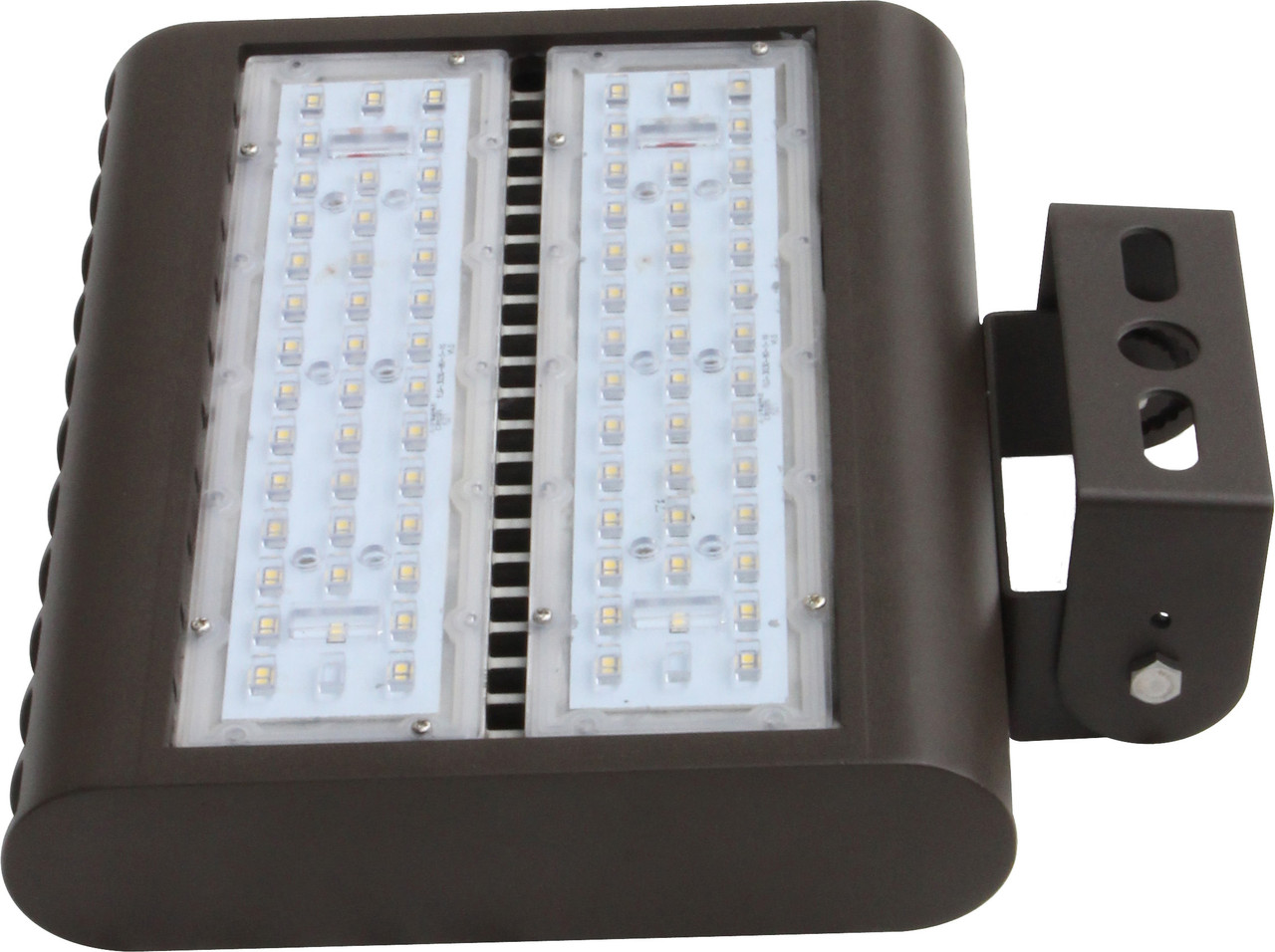 MULTI-PURPOSE LED AREA LIGHT 100 WATTS 3000K, 4000K, & 5000K - The LEDMPAL series is a group of architectural LED area luminaires designed to illuminate parking areas, pathways, building facades, loading docks, and a wide variety of other large, general site lighting applications. Multiple mounting options make the LEDMPAL a versatile luminaire for flood lighting, pole-, ground- and wall-mounted area lighting, and other outdoor lighting requirements.

▪ 120-277V models available in 3000k (warm white), 4000K (neutral white) and 5000K (cool white). 277-480V models available in 4000k and 5000k.*
▪ Long-life LEDs provide a minimum of 65,000 hours of operation with at least 70% of initial lumen output (L70).**
▪ Standard optic provides an IES roadway type V distribution, or a 7V (vertical) x 7H (horizontal) NEMA floodlight distribution.
▪ Type III models (120-277V) deliver 11,423 lumens and 114 lumens per watt (LPW) at 3000k; 11,614 lumens and 116 LPW at 4000k; and 12,543 lumens and 125 LPW at 5000k.*
▪ Type III models (277-480V) deliver 12,368 lumens and 124 LPW at both 4000k and 5000k.*
▪ Type V models deliver (120-277V) 12,158 lumens and 122 LPW at 3000k; 12,105 lumens and 121 LPW at 4000k; and 12,353 lumens and 124 LPW at 5000k.*
▪ Type V models (277-480V) deliver 12,354 lumens and 124 LPW at 4000k; and 12,507 lumens and 125 LPW at 5000k.*
▪ Universal 120-277 or 277-480 AC voltage (50-60Hz) is standard.
▪ 0-10vdc dimming capability is standard.
▪ Power factor > 0.90.
▪ Total harmonic distortion < 20%.
▪ Color rendering index > 80.
▪ Optional glare shields (full and half) and wire guards are available.
▪ Die cast aluminum housing with durable, dark bronze powder coat finish, and a heat-resistant polycarbonate lens.
▪ Wireway enclosure is sealed with a water-tight, silicon rubber gasket.
▪ Effective projected areas (EPA's) are 0.38 square feet (sf, front); 0.30 sf (side) and 1.04 sf (front).
▪ Threaded receptacle (½” NPS) for photocell. Optional arms and slip-fitters provide additional photocell mounting options.
▪ Easy installation in new construction or retrofit applications.