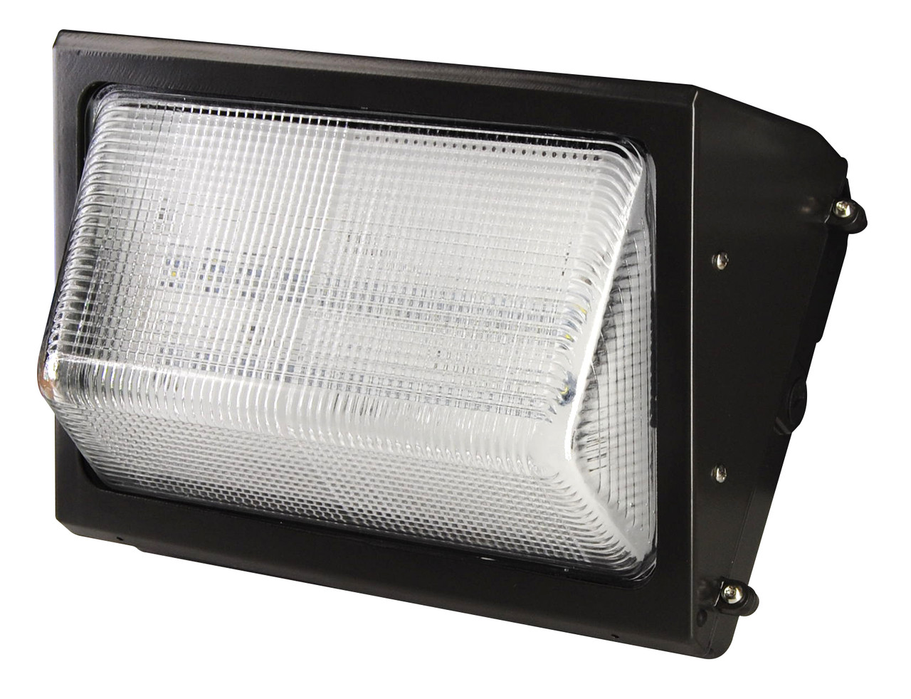 LED WALL PACK 60 WATTS 4000K & 5000K - The LEDWP60W/80W are rugged, durable LED wall packs, which are perfect for outdoor perimeter and area lighting. With die cast aluminum housings and vandal resistant, borosilicate glass lenses, the LEDWP60W/80W will stand up to many years of punishing environmental conditions. High-efficacy, long-life LEDs provide both energy and maintenance cost savings compared to traditional, HID wall packs.

▪ Available in 4000k (neutral white) and 5000k (cool white) color temperatures.*
▪ Long-life LEDs provide 59,000 hours of operation (LEDWP60W), or 57,000 hours of operation (LEDWP80W) with at least 70% of initial lumen output (L70).**
▪ LEDWP60W models deliver 5,498 lumens and 96 lumens per watt (LPW) at both 4000k and 5000k.*
▪ LEDWP80W models deliver 7,585 lumens and 100 LPW at both 4000k and 5000k.*
▪ Uniform illumination with no visible LED pixilation.
▪ Universal 120-277 AC voltage (50-60Hz) is standard.
▪ Power factor > 0.90.
▪ Total harmonic distortion < 20%.
▪ Color rendering index > 80.
▪ Die cast aluminum housing with durable, dark bronze, powder coat paint.
▪ Tempered, borosilicate glass lens with seamless, silicone gasket to prevent leaks.
▪ Removable, threaded plugs for side attachment of ½” rigid electrical conduit, or for button photocells.
▪ Easy installation in new construction or retrofit.