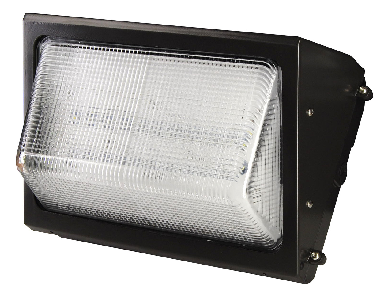 LED WALL PACK 80 WATTS 4000K & 5000K - The LEDWP60W/80W are rugged, durable LED wall packs, which are perfect for outdoor perimeter and area lighting. With die cast aluminum housings and vandal resistant, borosilicate glass lenses, the LEDWP60W/80W will stand up to many years of punishing environmental conditions. High-efficacy, long-life LEDs provide both energy and maintenance cost savings compared to traditional, HID wall packs.

▪ Available in 4000k (neutral white) and 5000k (cool white) color temperatures.*
▪ Long-life LEDs provide 59,000 hours of operation (LEDWP60W), or 57,000 hours of operation (LEDWP80W) with at least 70% of initial lumen output (L70).**
▪ LEDWP60W models deliver 5,498 lumens and 96 lumens per watt (LPW) at both 4000k and 5000k.*
▪ LEDWP80W models deliver 7,585 lumens and 100 LPW at both 4000k and 5000k.*
▪ Uniform illumination with no visible LED pixilation.
▪ Universal 120-277 AC voltage (50-60Hz) is standard.
▪ Power factor > 0.90.
▪ Total harmonic distortion < 20%.
▪ Color rendering index > 80.
▪ Die cast aluminum housing with durable, dark bronze, powder coat paint.
▪ Tempered, borosilicate glass lens with seamless, silicone gasket to prevent leaks.
▪ Removable, threaded plugs for side attachment of ½” rigid electrical conduit, or for button photocells.
▪ Easy installation in new construction or retrofit.