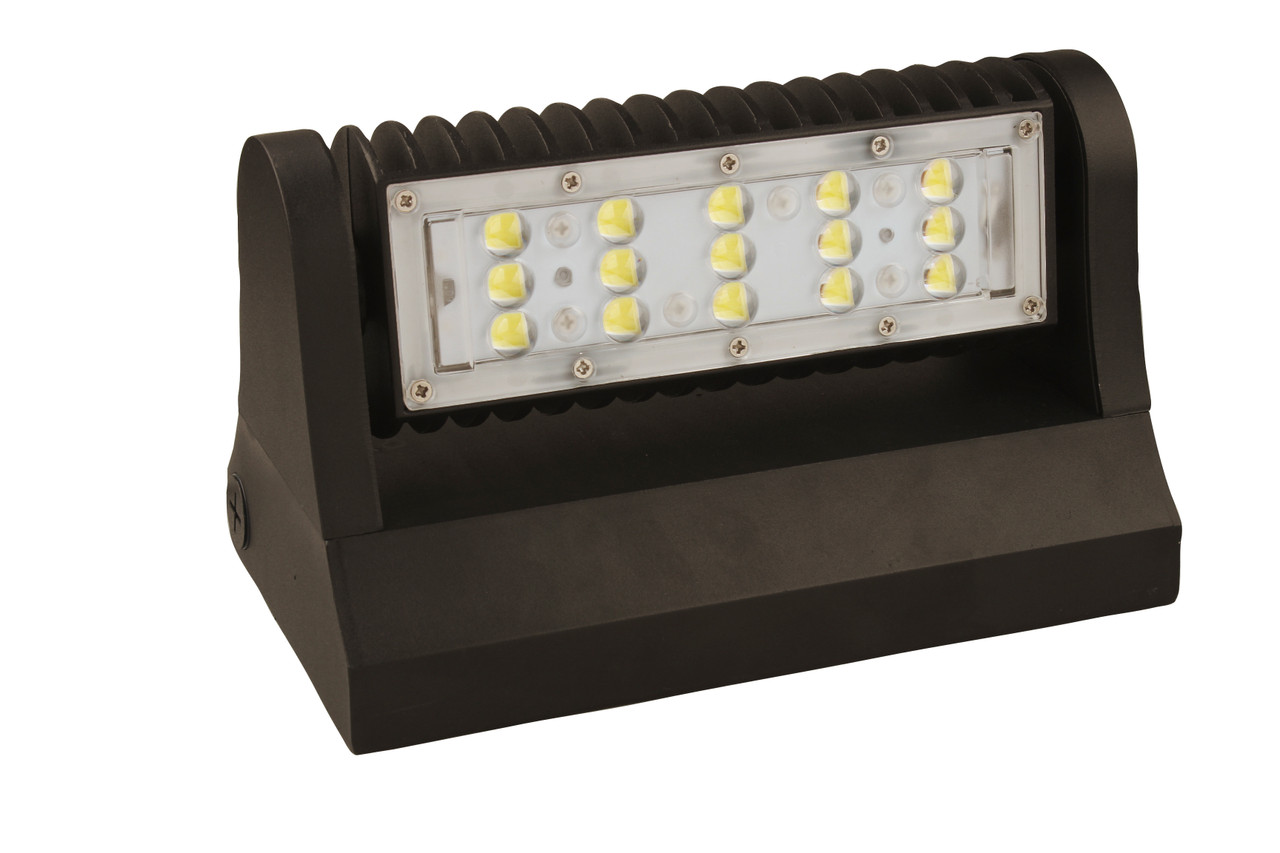 LED ADJUSTABLE WALL PACK 25 WATTS 4000K & 5000K - The LEDWPA Series is a rugged, durable LED wall pack that provides full adjustability of the LED module, so light can be focused up, down, or anything in between. It is perfect for outdoor perimeter and area lighting. With a die cast aluminum housing and a polycarbonate lens, the LEDWPA Series will stand up to many years of punishing environmental conditions. High-efficacy, long-life LEDs provide both energy and maintenance cost savings compared to traditional, HID wall packs.

▪ Available in 4000k (neutral white) and 5000k (cool white) color temperatures.*
▪ Long-life LEDs provide 61,000 hours of operation with at least 70% of initial lumen output (L70).**
▪ LEDWPA25 provides 3,325 lumens and 133 lumens per watt (LPW) at 4000k, or 3,280 lumens and 131 LPW at 5000k.*
▪ LEDWPA40 provides 5,238 lumens and 131 LPW at 4000k, or 5,131 lumens and 128 LPW at 5000k.*
▪ Uniform illumination with no visible LED pixilation.
▪ Universal 120-277 AC voltage (50-60Hz) is standard.
▪ Power factor > 0.90.
▪ Total harmonic distortion < 20%.
▪ Color rendering index > 70.
▪ Die cast aluminum housing with durable, dark bronze, powder coat paint.
▪ Polycarbonate lens with seamless, silicone gasket to prevent leaks.
▪ Easy installation in new construction or retrofit.