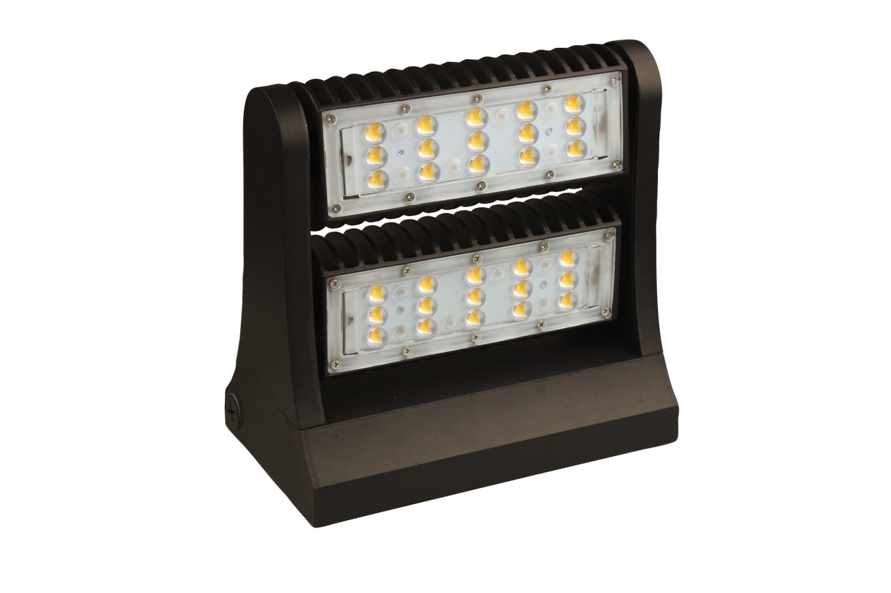 LED ADJUSTABLE WALL PACK 60 WATTS 4000K & 5000K - The LEDWPA Series is a rugged, durable LED wall pack that provides full adjustability of the LED module, so light can be focused up, down, or anything in between. It is perfect for outdoor perimeter and area lighting. With a die cast aluminum housing and a polycarbonate lens, the LEDWPA Series will stand up to many years of punishing environmental conditions. High-efficacy, long-life LEDs provide both energy and maintenance cost savings compared to traditional, HID wall packs.

▪ Available in 4000k (neutral white) and 5000k (cool white) color temperatures.*
▪ Long-life LEDs provide 61,000 hours of operation with at least 70% of initial lumen output (L70).**
▪ LEDWPA60 provides 7,809 lumens and 128 lumens per watt (LPW) at 4000k, or 7,854 lumens and 129 LPW at 5000k.*
▪ LEDWPA80 provides 10,598 lumens and 134 LPW at both 4000k and 5000k.*
▪ Uniform illumination with no visible LED pixilation.
▪ Universal 120-277 AC voltage (50-60Hz) is standard.
▪ Power factor > 0.90.
▪ Total harmonic distortion < 20%.
▪ Color rendering index > 70.
▪ Die cast aluminum housing with durable, dark bronze, powder coat paint.
▪ Polycarbonate lens with seamless, silicone gasket to prevent leaks.
▪ Easy installation in new construction or retrofit.