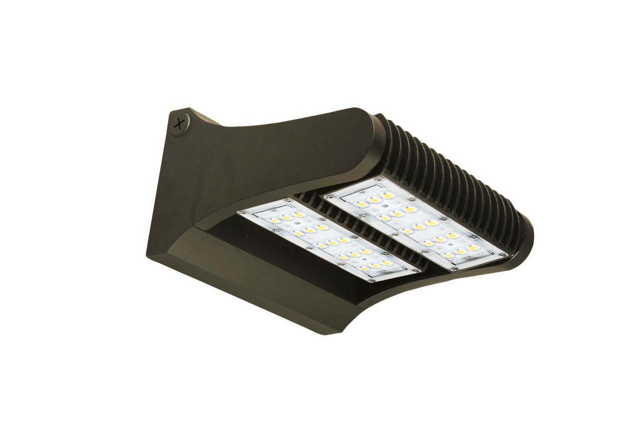 LED ADJUSTABLE WALL PACK 60 WATTS 4000K & 5000K - The LEDWPA Series is a rugged, durable LED wall pack that provides full adjustability of the LED module, so light can be focused up, down, or anything in between. It is perfect for outdoor perimeter and area lighting. With a die cast aluminum housing and a polycarbonate lens, the LEDWPA Series will stand up to many years of punishing environmental conditions. High-efficacy, long-life LEDs provide both energy and maintenance cost savings compared to traditional, HID wall packs.

▪ Available in 4000k (neutral white) and 5000k (cool white) color temperatures.*
▪ Long-life LEDs provide 61,000 hours of operation with at least 70% of initial lumen output (L70).**
▪ LEDWPA60 provides 7,809 lumens and 128 lumens per watt (LPW) at 4000k, or 7,854 lumens and 129 LPW at 5000k.*
▪ LEDWPA80 provides 10,598 lumens and 134 LPW at both 4000k and 5000k.*
▪ Uniform illumination with no visible LED pixilation.
▪ Universal 120-277 AC voltage (50-60Hz) is standard.
▪ Power factor > 0.90.
▪ Total harmonic distortion < 20%.
▪ Color rendering index > 70.
▪ Die cast aluminum housing with durable, dark bronze, powder coat paint.
▪ Polycarbonate lens with seamless, silicone gasket to prevent leaks.
▪ Easy installation in new construction or retrofit.