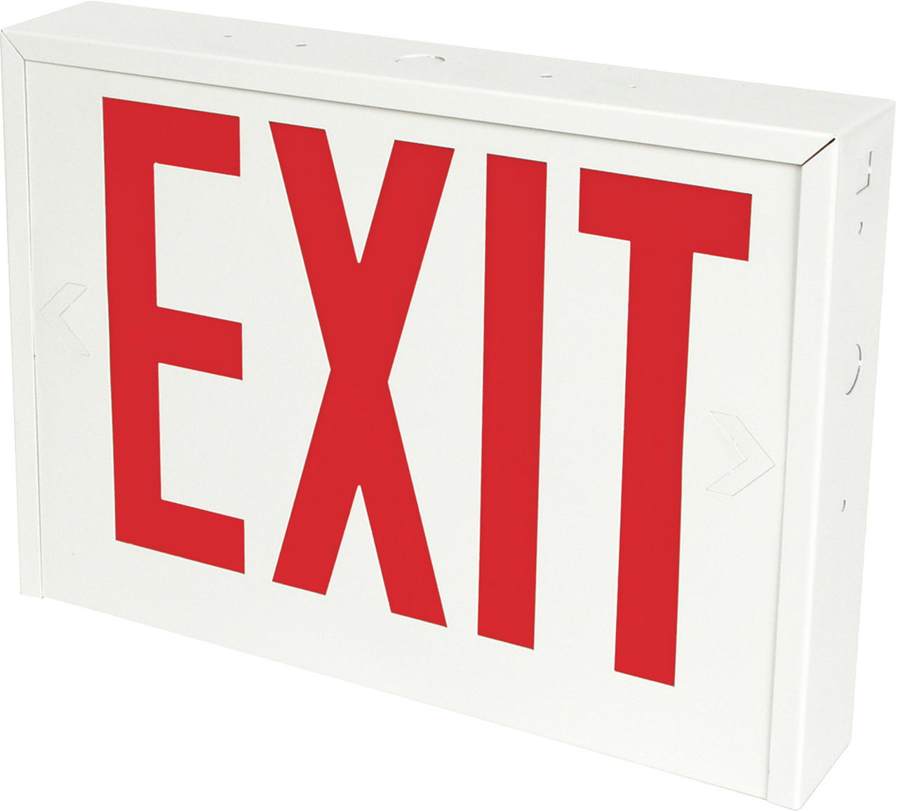 NEW YORK CITY COMPLIANT STEEL EXIT SIGN NYXTEU

▪ Ultra bright, energy efficient, long life Red or Green LED.
▪ New York City compliant 8” EXIT letters.
▪ Dual 120/277 voltage.
▪ Charge rate/power “ON” LED indicator light and push-to-test switch for mandated code compliance testing.
▪ 3.6V long life, maintenance-free, rechargeable NiCd battery (EM models only).
▪ Internal solid-state transfer switch automatically connects the internal battery to LED board for minimum 90-minute
emergency illumination.
▪ Fully automatic solid-state, two rate charger initiates battery charging to recharge a discharged battery
in 24 hours.
▪ Aluminum mounting canopy included for top or end mount.
▪ Universal knockout pattern on back plate for wall mount.
▪ Knockout provided for conduit feed applications.
▪ Durable, powder-coated 20-gauge steel construction in white or black finish.
▪ Unique design allows double face conversion in the field.
▪ Field removable steel knockout Chevron directional indicators.
▪ Five year warranty on all electronics and housing. Battery prorated for five years.
▪ Meets UL924, NFPA 101 Life Safety Code, NEC, OSHA, Local and State Codes. DIMENSIONS 10½” 1111/16”
7¾” 14½” 2¼” 45 /16” MODEL No. of FACES LETTER COLOR HOUSING COLOR BATTERY 3 R Red W White B
Black EM Battery Backup NYXTEU Universal Single/ Double Face STANDARD NYXTEU
▪ Certified to CEC under Title 20 Regulations