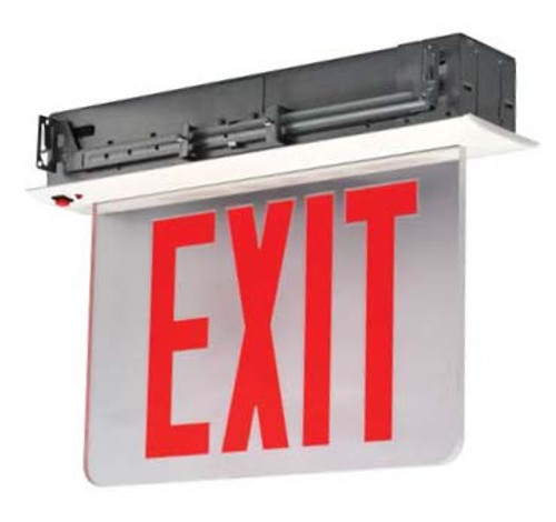 Ultra bright, energy efficient, long life Red or Green LED.
UV-stabilized ultra-clear acrylic edgelit panel provides consistent, uniform illumination.
Double face utilizes factory installed silver or white mylar background panel.
New York City compliant 8” EXIT letters.
Dual 120/277 Voltage
Charge rate/power "ON" LED indicator light and push-to-test switch for mandated code compliance testing.
4.8V long life, maintenance-free, rechargeable NiCd battery (EM models only).
Internal solid-state transfer switch automatically connects the internal battery to LED board for minimum 90-minute emergency illumination.
Fully automatic solid-state, two rate charger initiates battery charging to recharge a discharged battery in 24 hours.
Aluminum mounting canopy included for top, end or back mount. Available in optional black or white powder-coated finishes.
Premium-grade, extruded aluminum housing (also available in black or white powder-coated finishes).
Self-adhesive Chevron appliques and guide template provided for directional indication.