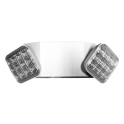 Long lasting, efficient, ultra bright white LED lamp heads.
1.0 watt (8 LEDs x 0.125 watt) per head.
High performance chrome-plated metallized reflector and plastic lens for optimal light distribution.
Adjustable LED lamp heads provide optimal center-to-center spacing.
Dual 120/277 voltage standard.
Charge rate/power “ON” LED indicator light and push-to-test switch for mandated code compliance testing.
3.6V long life, maintenance-free, rechargeable NiCd battery.
Internal solid-state transfer switch automatically connects the internal battery to LED board for minimum 90-minute emergency illumination.
Fully automatic solid-state, two rate charger initiates battery charging to recharge a discharged battery in 24 hours.
Universal knockout pattern on back plate for surface mount. Snaps into place making internal electrical connections.
Suitable for wall or ceiling mount.
Knockout for conduit applications.