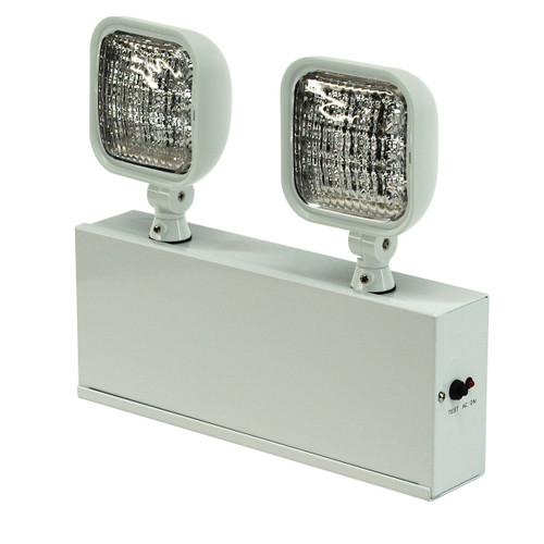 Long lasting, efficient, ultra bright white LED lamp heads.
1.5 watt (12 LEDs x 0.125 watt) per head.
High performance chrome-plated metallized reflector and plastic lens for optimal light distribution.
Adjustable LED lamp heads provide optimal center-to-center spacing
Dual 120/277 voltage standard.
Charge rate/power “ON” LED indicator light and push-to-test switch for mandated code compliance testing.
LVD (low voltage disconnect) prevents battery from deep discharge.
6V sealed lead acid, maintenance-free, rechargeable battery.
Remote capacity of 20.0 watt standard.
Runs up to 8 hours without remote heads.
Internal solid-state transfer switch automatically connects the internal battery to LED board for minimum 90-minute emergency illumination.
Fully automatic solid-state, two rate charger initiates battery charging to recharge a discharged battery in 24 hours.
Universal knockout pattern on back plate for wall mount.
Side and top knockouts for conduit feed applications.